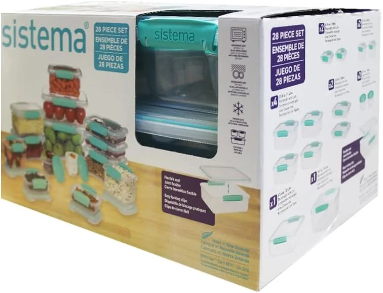 ست ظروف نگهداری غذا سیستما - 28 تکه، بدون BPA، دارای درپوش انعطاف پذیر و گیره های قفل آسان - رنگ فیروزه ای