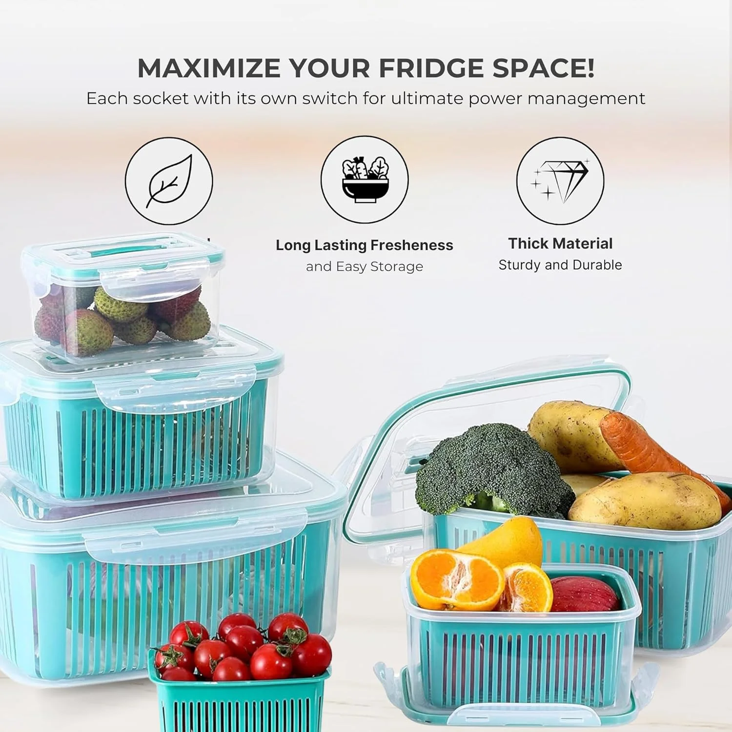 ظروف نگهداری مواد غذایی یخچال TIERRA [مجموعه 5 عددی]، سازمان دهنده و نگهدارنده یخچال برای سبزیجات و میوه های تازه - ظرف نگهداری مواد غذایی برای سالاد، مجموعه ظروف آماده سازی غذا با سبد آبکش (آبی)