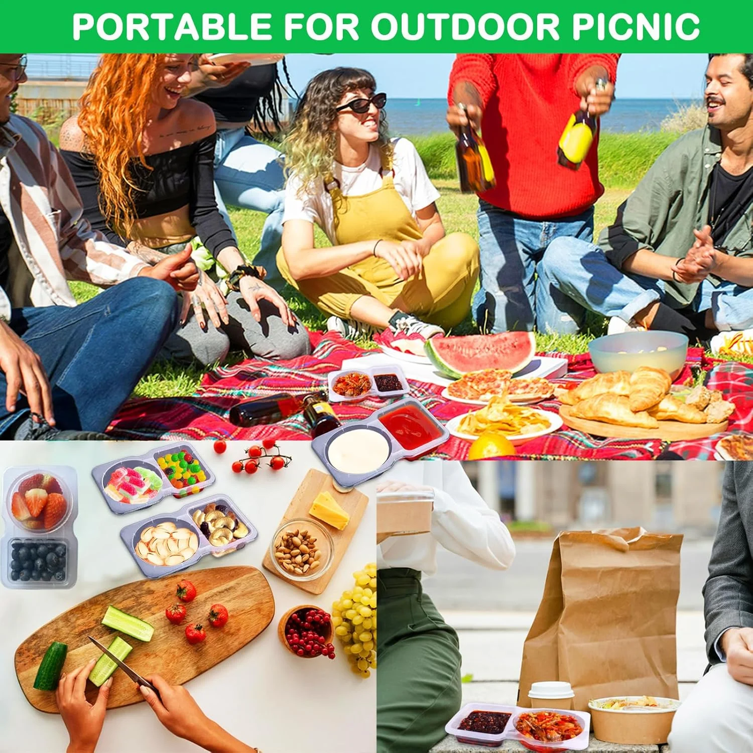 20 عدد ظرف چاشنی یکبار مصرف با درب، ظرف پلاستیکی دو قسمتی برای چاشنی های اندازه مسافرتی، تنقلات، سس غوطه ور