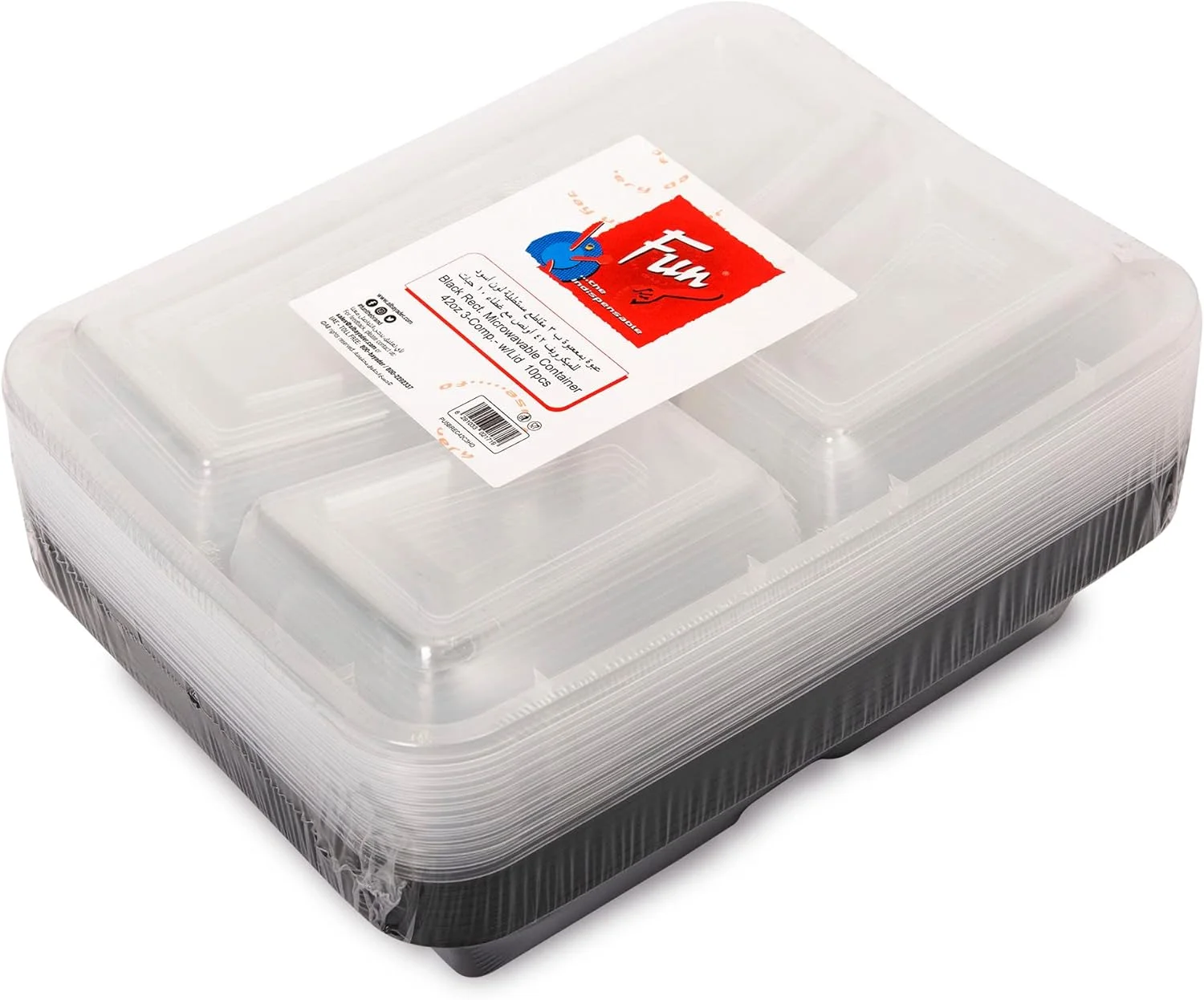 ظرف مستطیلی مشکی با سه محفظه و درب، 1250 میلی لیتر، قابل استفاده در مایکروویو/فریزر/فر/ماشین ظرفشویی، ظرف غذا (بدون BPA)، جعبه ناهار، قابل استفاده مجدد، یکبار مصرف (بسته 10 عددی)