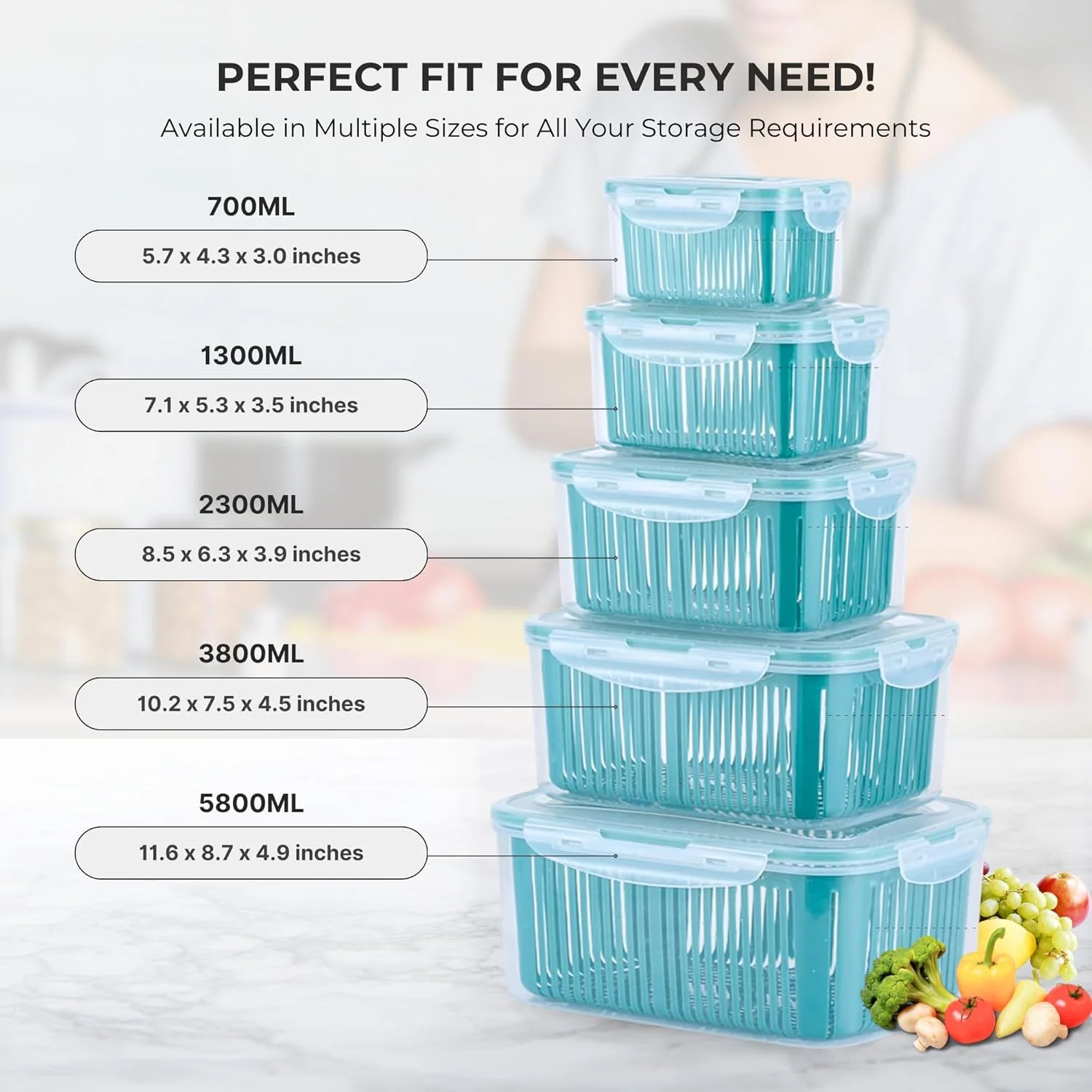 ظروف نگهداری مواد غذایی یخچال TIERRA [مجموعه 5 عددی]، سازمان دهنده و نگهدارنده یخچال برای سبزیجات و میوه های تازه - ظرف نگهداری مواد غذایی برای سالاد، مجموعه ظروف آماده سازی غذا با سبد آبکش (آبی)