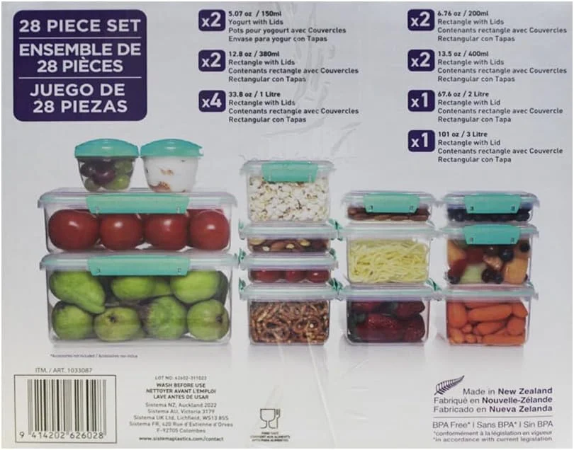 ست ظروف نگهداری غذا سیستما - 28 تکه، بدون BPA، دارای درپوش انعطاف پذیر و گیره های قفل آسان - رنگ فیروزه ای