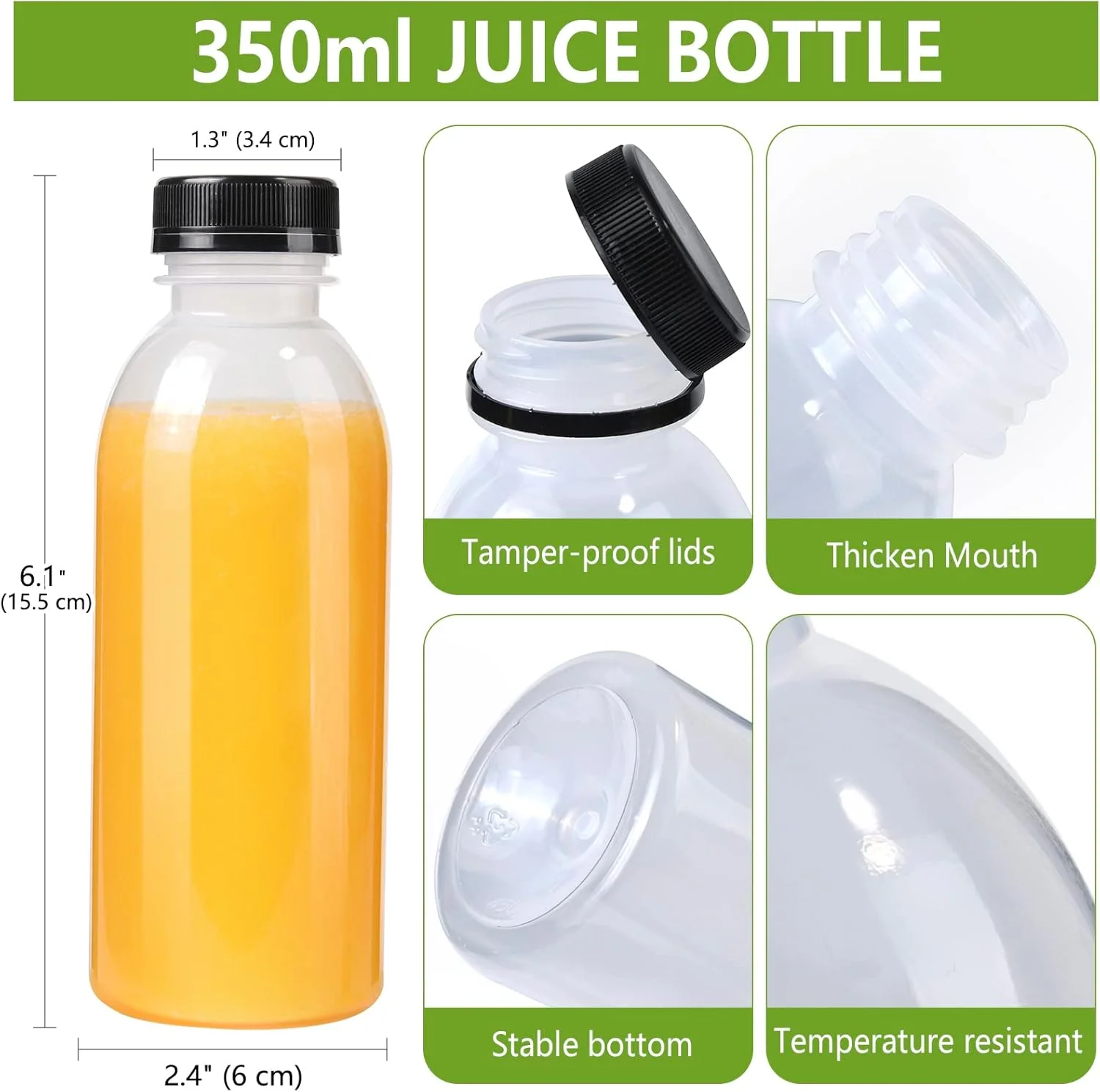 بسته 12 عددی بطری آبمیوه پلاستیکی مقاوم در برابر حرارت zmybcpack، 350 میلی لیتری، با درب - بطری های اسموتی پلاستیکی - ظروف نوشیدنی عمده قابل استفاده مجدد با درب برای آبمیوه، نوشیدنی (قابل شستشو در ماشین ظرفشویی)