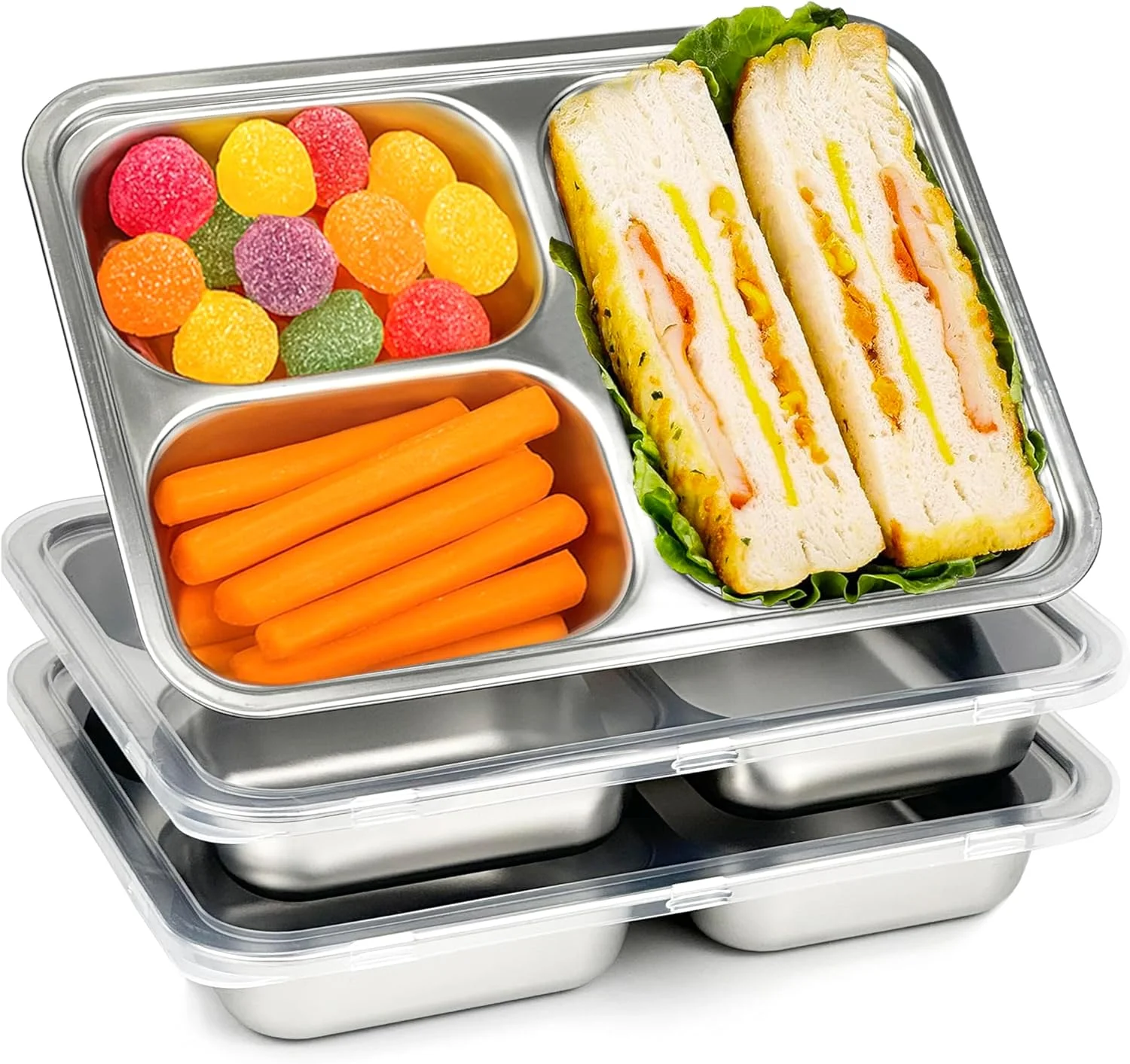 ظروف غذای استیل SYAMEET، بسته 3 عددی، با درب، جعبه ناهار سه قسمتی، ظروف نگهداری غذای قابل استفاده مجدد برای کودکان و بزرگسالان، ظروف آماده سازی غذا برای مدرسه، محل کار و مسافرت