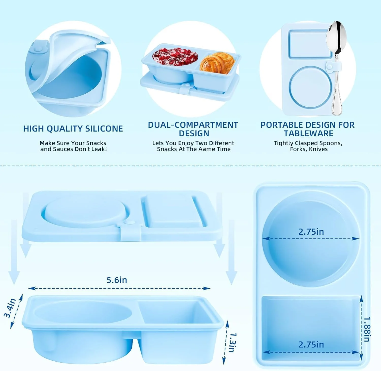 ست 3 عددی ظروف سیلیکونی اسنک قابل استفاده مجدد با درب، ظروف اسنک باکس دو محفظه ای، ظرف سس سالاد، ظرف چاشنی، جعبه های کوچک مینی اسنک غذا برای مسافرت، دفتر، پیک نیک