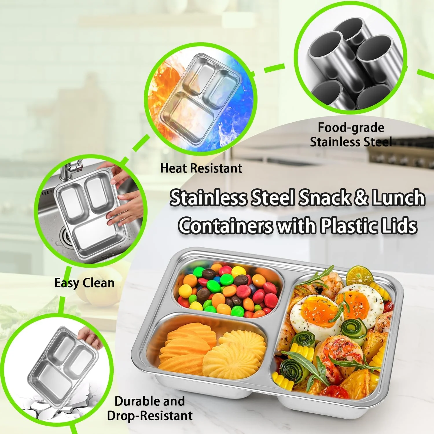ظروف غذای استیل SYAMEET، بسته 3 عددی، با درب، جعبه ناهار سه قسمتی، ظروف نگهداری غذای قابل استفاده مجدد برای کودکان و بزرگسالان، ظروف آماده سازی غذا برای مدرسه، محل کار و مسافرت