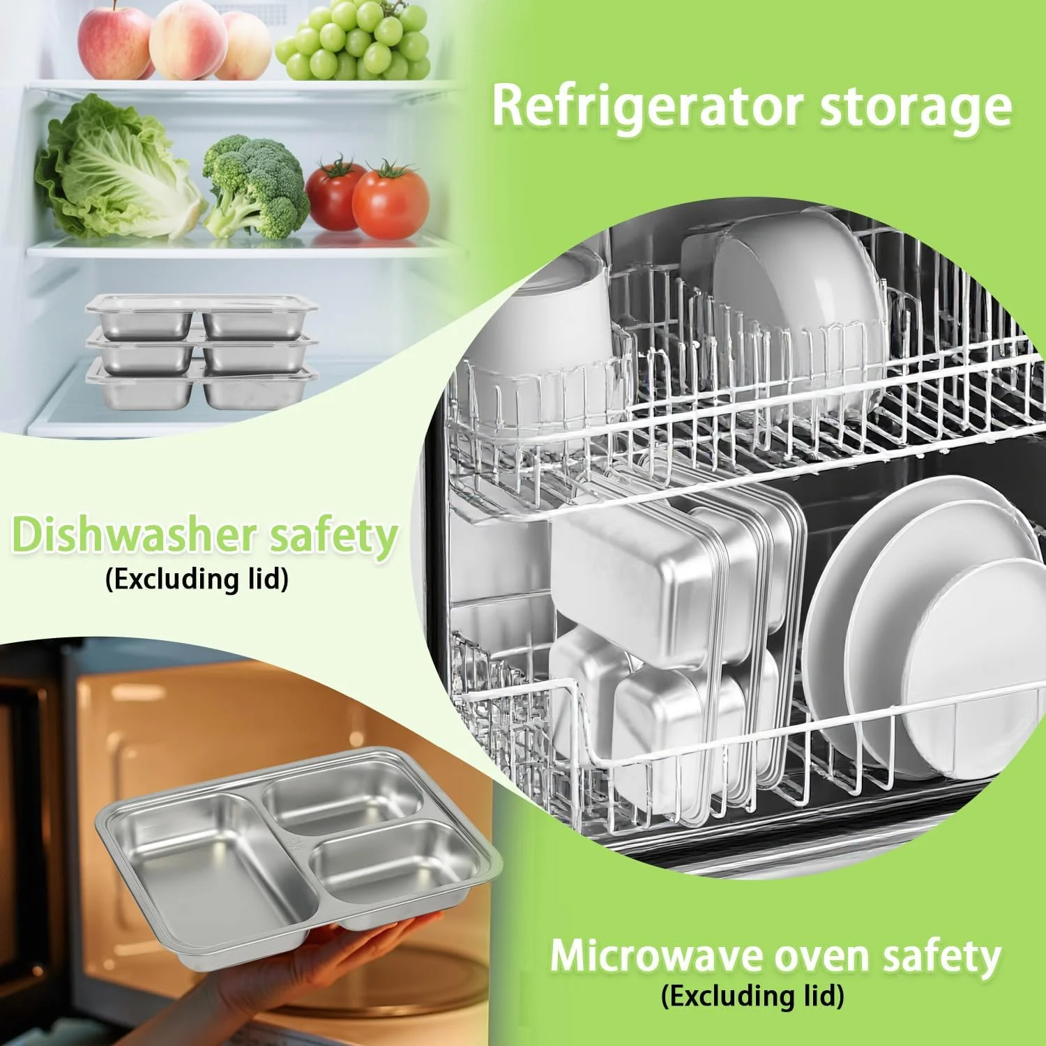 ظروف غذای استیل SYAMEET، بسته 3 عددی، با درب، جعبه ناهار سه قسمتی، ظروف نگهداری غذای قابل استفاده مجدد برای کودکان و بزرگسالان، ظروف آماده سازی غذا برای مدرسه، محل کار و مسافرت