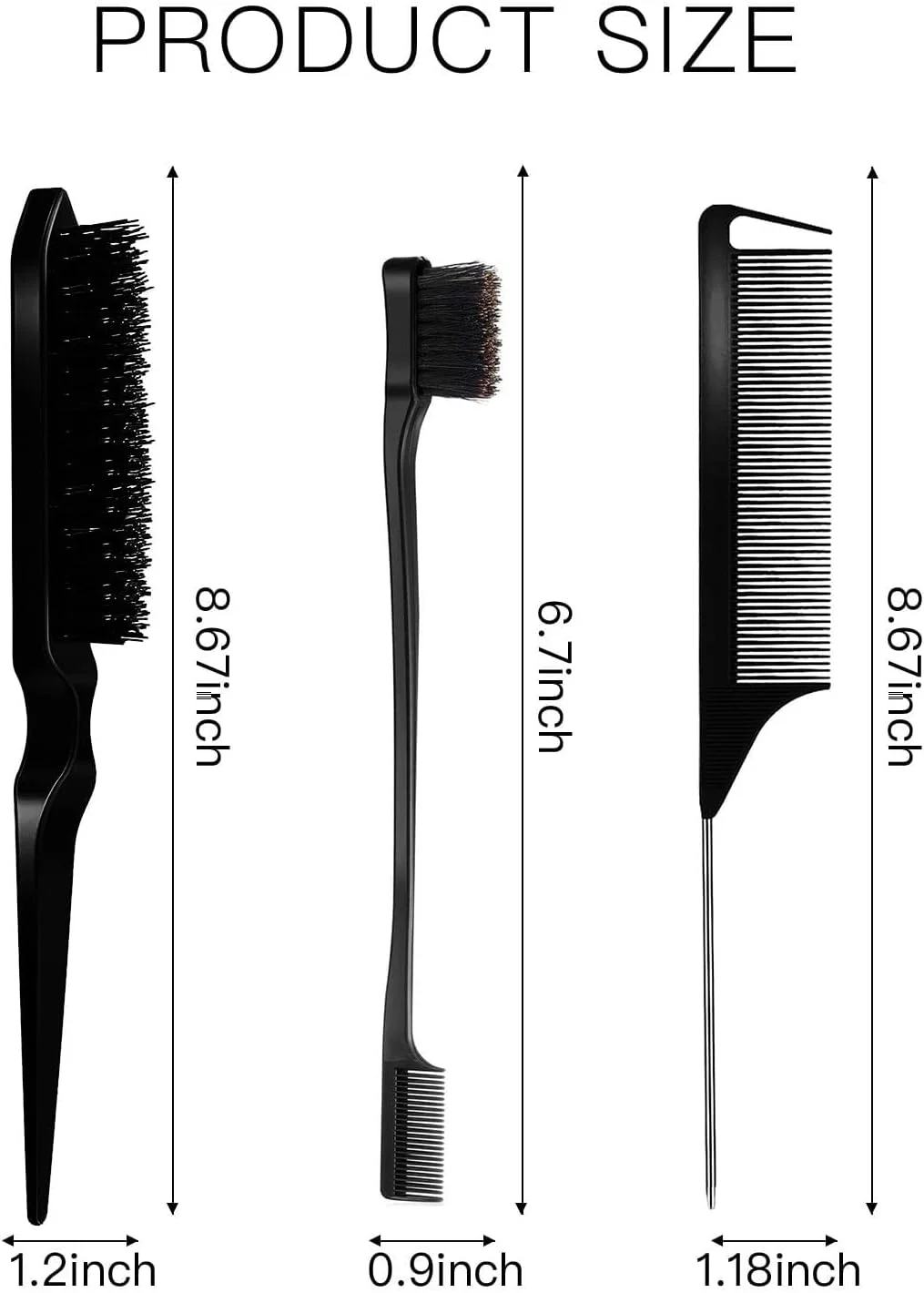 BananaHome 3 Pcs Slick Brush Set,Hair Styling Comb,Bristle Hair Brush Teasing Comb Edge Hair Brush Grooming Combs Sturdy Rat Tail Comb for Women Men Kids' Hair… (3pcs Black)