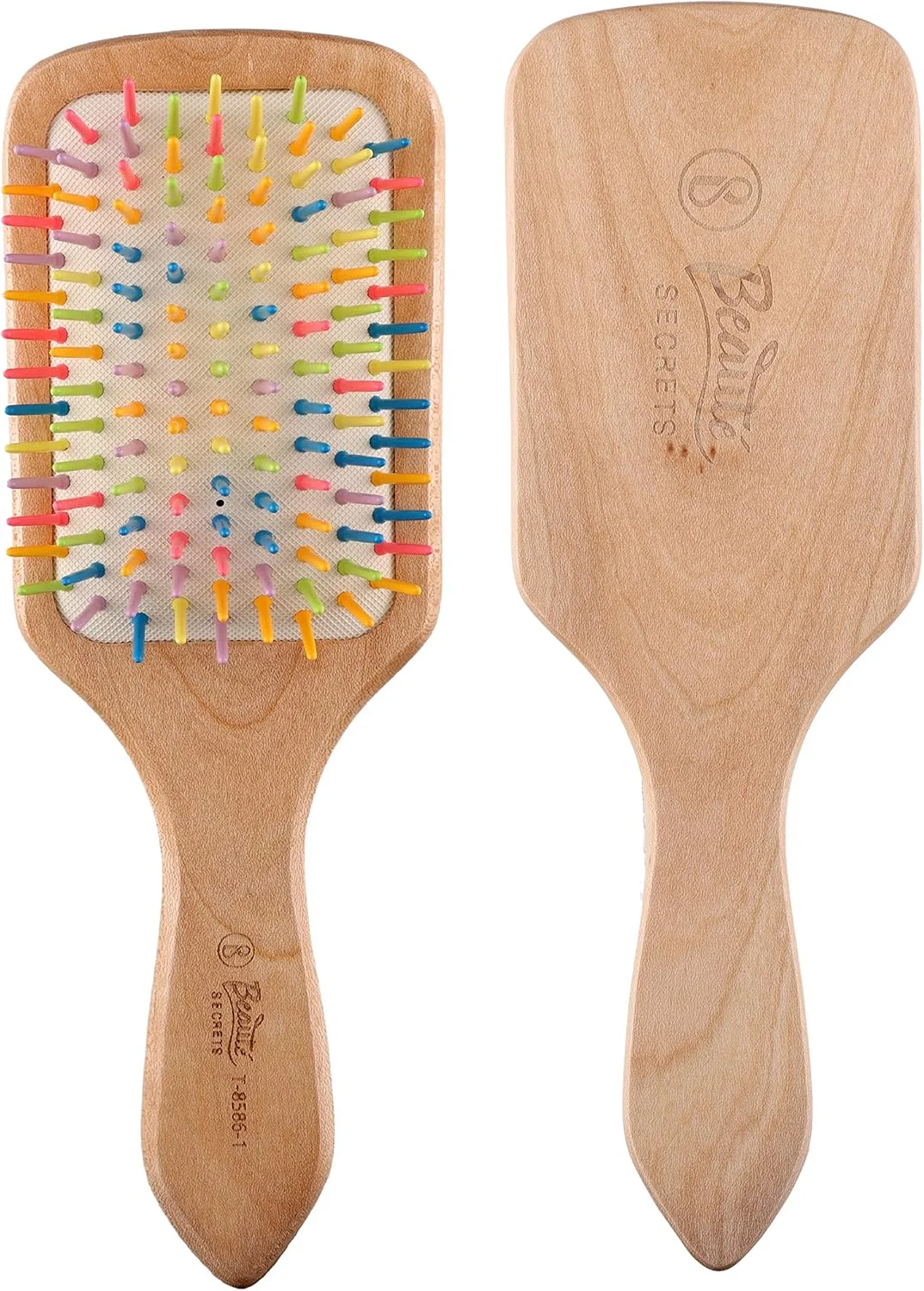 برس مو چوبی پارویی Beauté Secrets با نوک های پلاستیکی رنگین کمانی | طول 26 سانتی متر عرض 9 سانتی متر | برس موی دسته چوبی بزرگ، تخت، طبیعی و سازگار با محیط زیست برای آقایان و خانم ها با موهای ضخیم، مجعد، موج دار و بلند