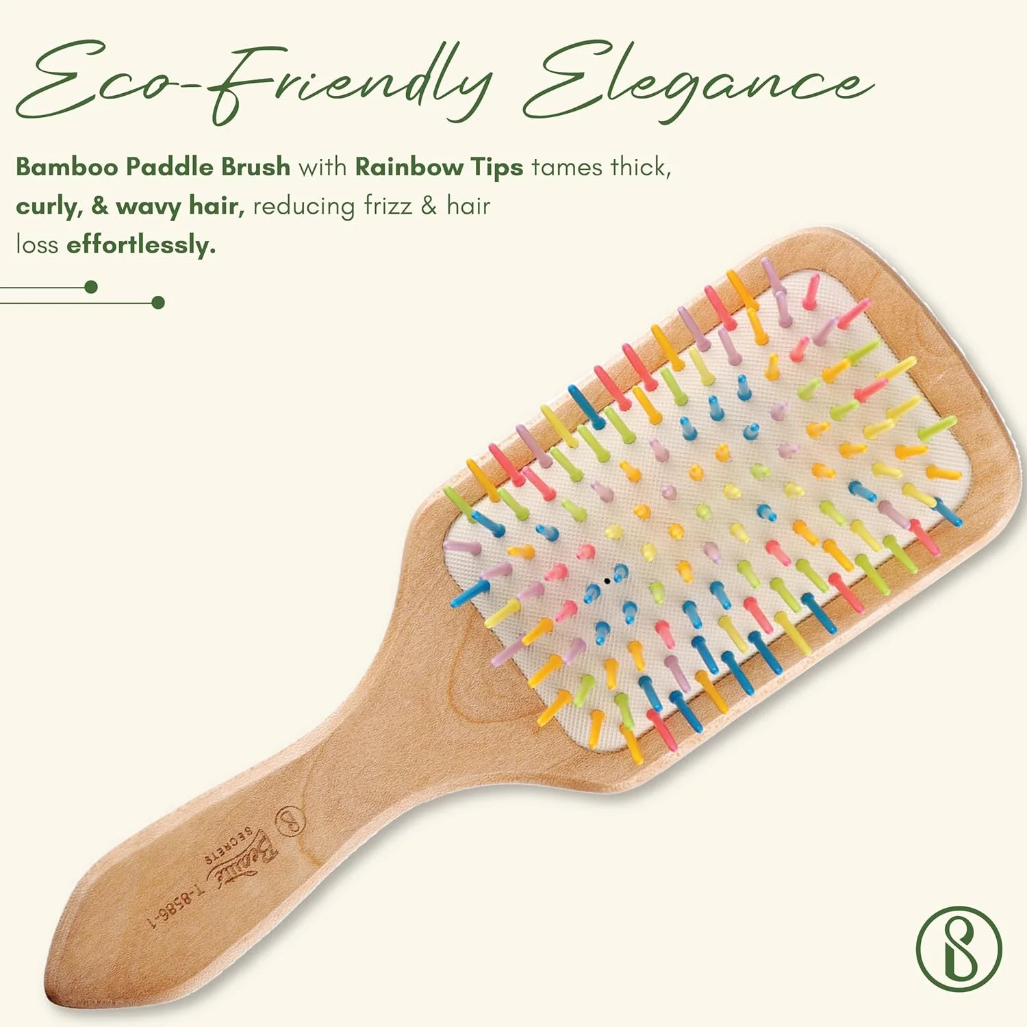 برس مو چوبی پارویی Beauté Secrets با نوک های پلاستیکی رنگین کمانی | طول 26 سانتی متر عرض 9 سانتی متر | برس موی دسته چوبی بزرگ، تخت، طبیعی و سازگار با محیط زیست برای آقایان و خانم ها با موهای ضخیم، مجعد، موج دار و بلند