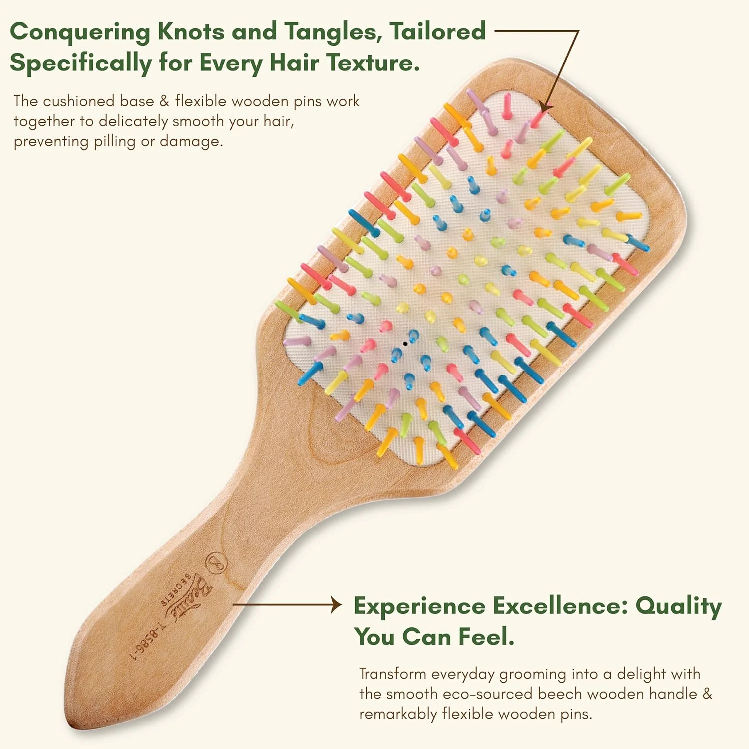 برس مو چوبی پارویی Beauté Secrets با نوک های پلاستیکی رنگین کمانی | طول 26 سانتی متر عرض 9 سانتی متر | برس موی دسته چوبی بزرگ، تخت، طبیعی و سازگار با محیط زیست برای آقایان و خانم ها با موهای ضخیم، مجعد، موج دار و بلند