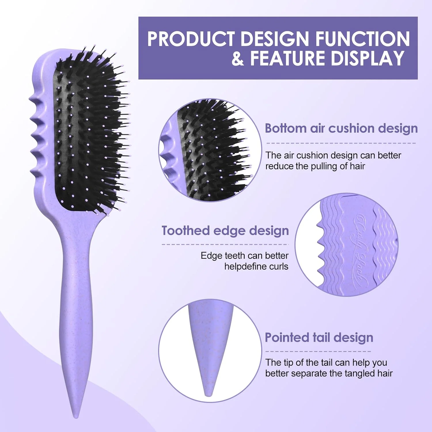 برس حالت دهنده موهای فر - ابزار باز کردن گره و حالت دادن به فرهای طبیعی - برس همه کاره برای انواع مو - ایده آل برای حالت دادن و خشک کردن موهای مرطوب (بنفش)