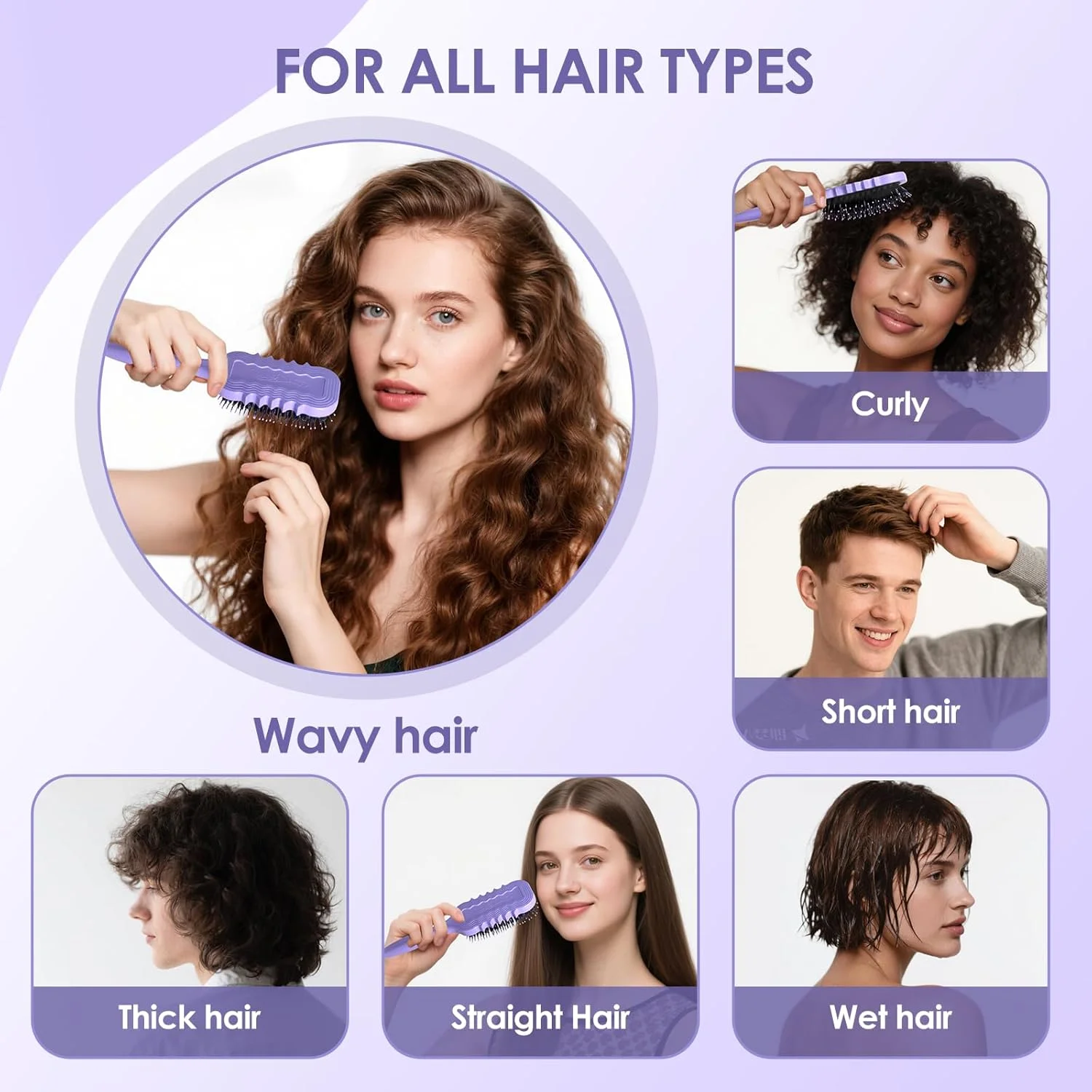 برس حالت دهنده موهای فر - ابزار باز کردن گره و حالت دادن به فرهای طبیعی - برس همه کاره برای انواع مو - ایده آل برای حالت دادن و خشک کردن موهای مرطوب (بنفش)