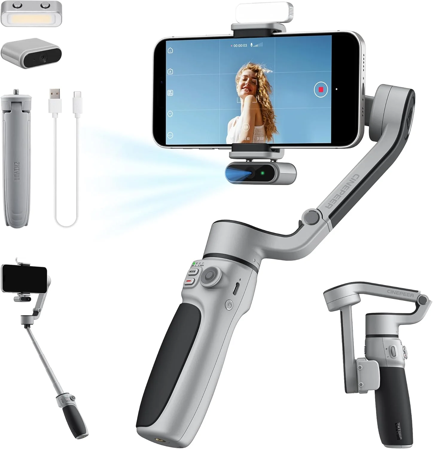 استابلایزر گیمبال گوشی هوشمند ZHIYUN CINEPEER CQ5 COMBO [اورجینال]، گیمبال 3 محوره با ردیاب هوش مصنوعی، نور مغناطیسی، میله افزایش طول، کنترل صوتی، مناسب برای آیفون و اندروید