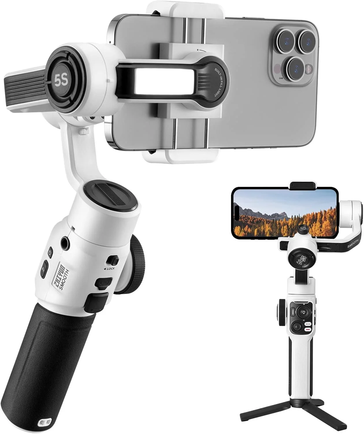 ZHIYUN Smooth 5S با نور داخلی - گیمبال 3 محوره با تثبیت کننده گیمبال Smart Follow برای آیفون 14/13/12/11 Pro Max X و تلفن اندرویدی - سفید