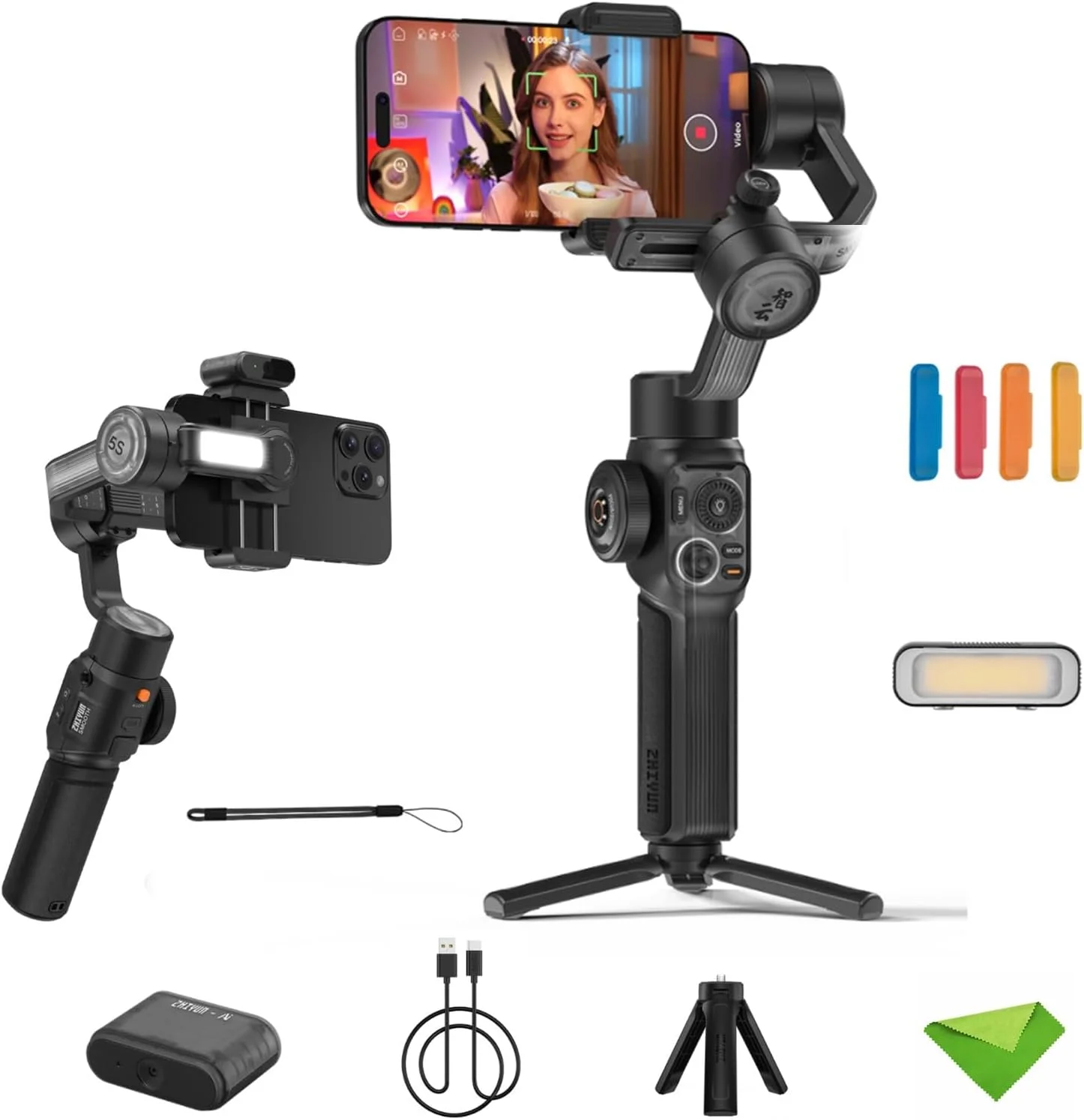 لرزشگیر گیمبال هوش مصنوعی Zhiyun Smooth 5S Pro برای گوشی های هوشمند، گیمبال 3 محوره تلفن، تثبیت کننده تلفن با ردیابی هوش مصنوعی برای ضبط ویدیو و ولاگ، لرزشگیر گیمبال برای آیفون 14 پرو مکس پلاس 13 12 11 X XR XS و غیره