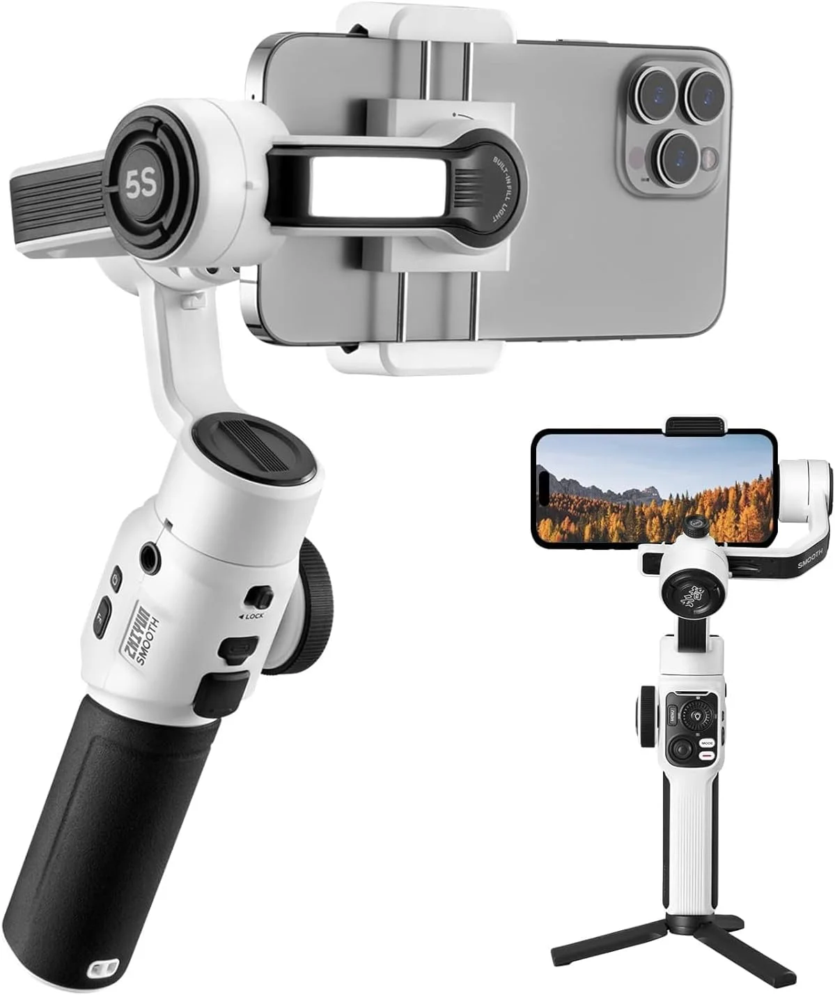 ZHIYUN Smooth 5S با نور داخلی - گیمبال 3 محوره با تثبیت کننده گیمبال Smart Follow برای آیفون 14/13/12/11 Pro Max X و تلفن اندرویدی - سفید ZHIYUN Smooth 5S با نور داخلی - گیمبال 3 محوره با تثبیت کننده گیمبال Smart Follow برای آیفون 14/13/12/11 Pro Max X و تلفن اندرویدی - سفید