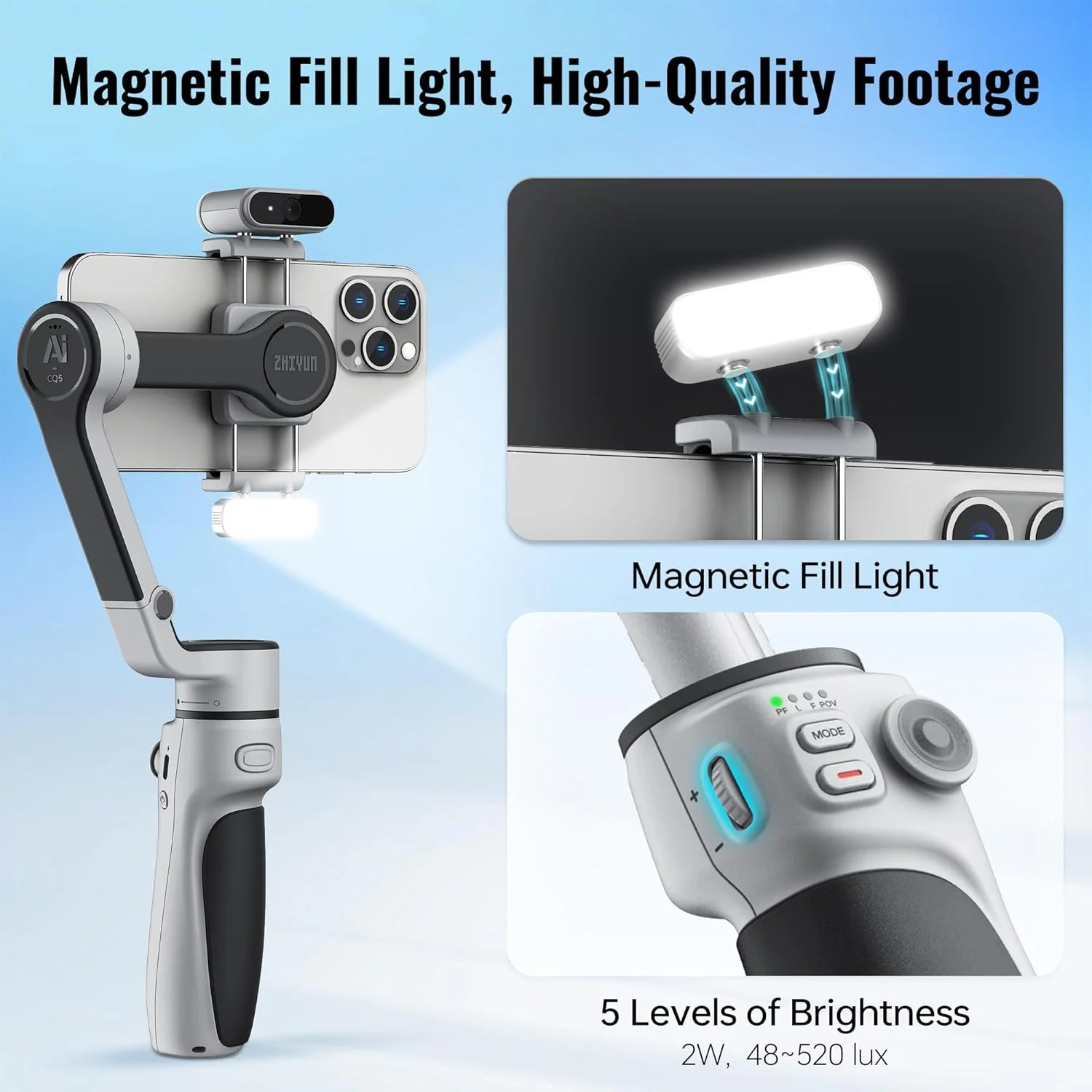 استابلایزر گیمبال گوشی هوشمند ZHIYUN CINEPEER CQ5 COMBO [اورجینال]، گیمبال 3 محوره با ردیاب هوش مصنوعی، نور مغناطیسی، میله افزایش طول، کنترل صوتی، مناسب برای آیفون و اندروید