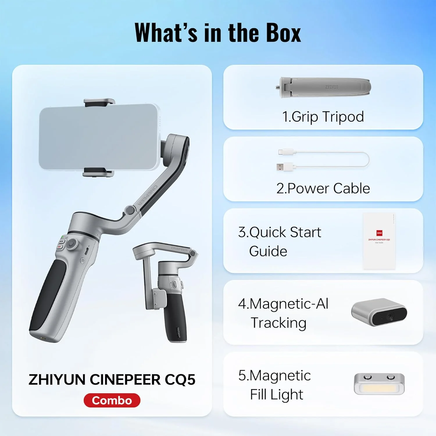 استابلایزر گیمبال گوشی هوشمند ZHIYUN CINEPEER CQ5 COMBO [اورجینال]، گیمبال 3 محوره با ردیاب هوش مصنوعی، نور مغناطیسی، میله افزایش طول، کنترل صوتی، مناسب برای آیفون و اندروید