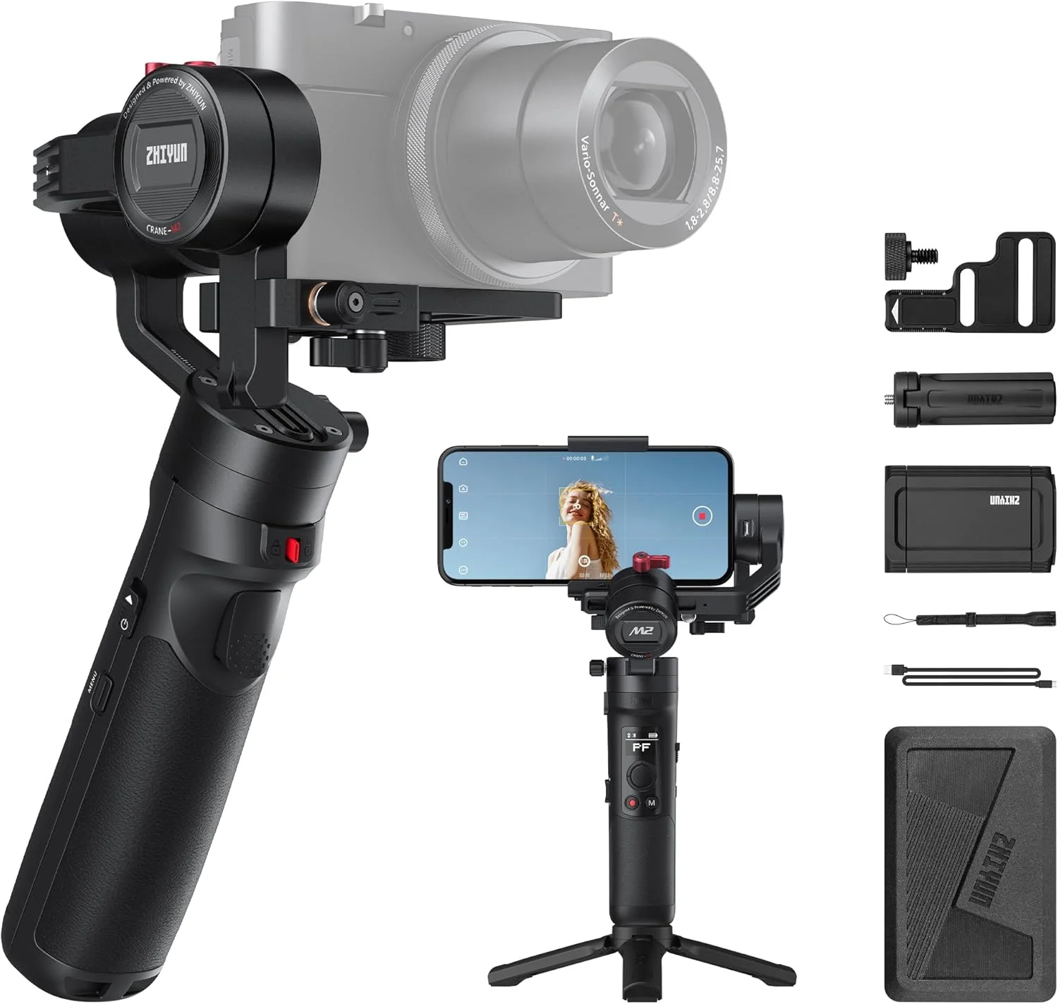 لرزشگیر گیمبال ژیون کرین M2 [رسمی]، تثبیت کننده 3 محوره دوربین برای دوربین های اکشن، GoPro، دوربین های بدون آینه و تلفن های هوشمند - به همراه گیره تلفن هوشمند و سه پایه