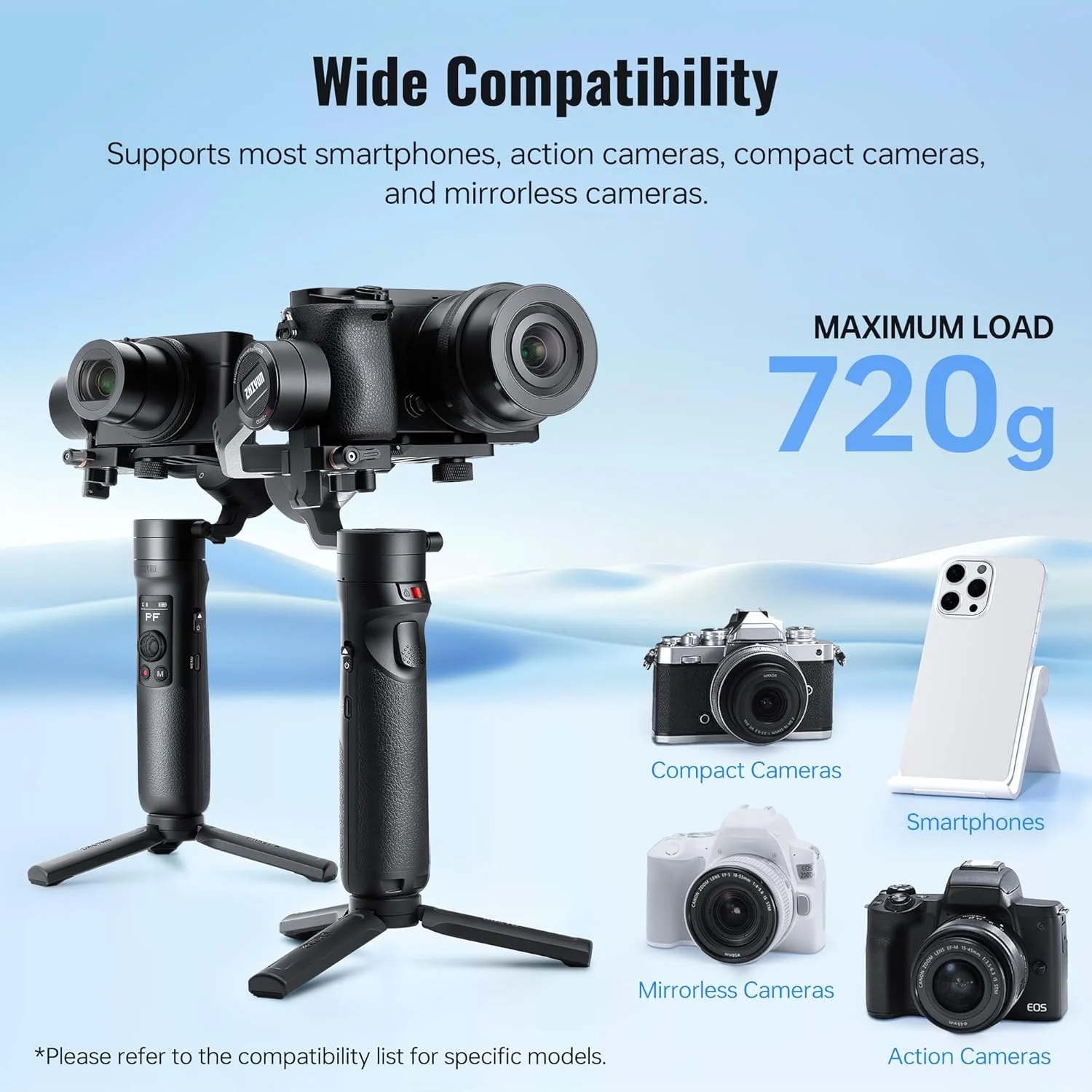 لرزشگیر گیمبال ژیون کرین M2 [رسمی]، تثبیت کننده 3 محوره دوربین برای دوربین های اکشن، GoPro، دوربین های بدون آینه و تلفن های هوشمند - به همراه گیره تلفن هوشمند و سه پایه
