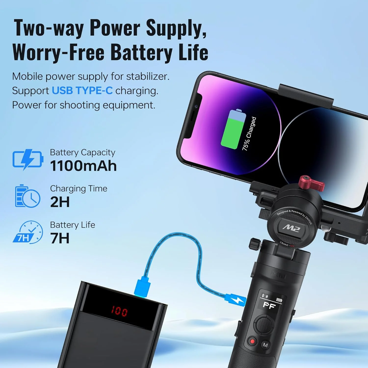 لرزشگیر گیمبال ژیون کرین M2 [رسمی]، تثبیت کننده 3 محوره دوربین برای دوربین های اکشن، GoPro، دوربین های بدون آینه و تلفن های هوشمند - به همراه گیره تلفن هوشمند و سه پایه