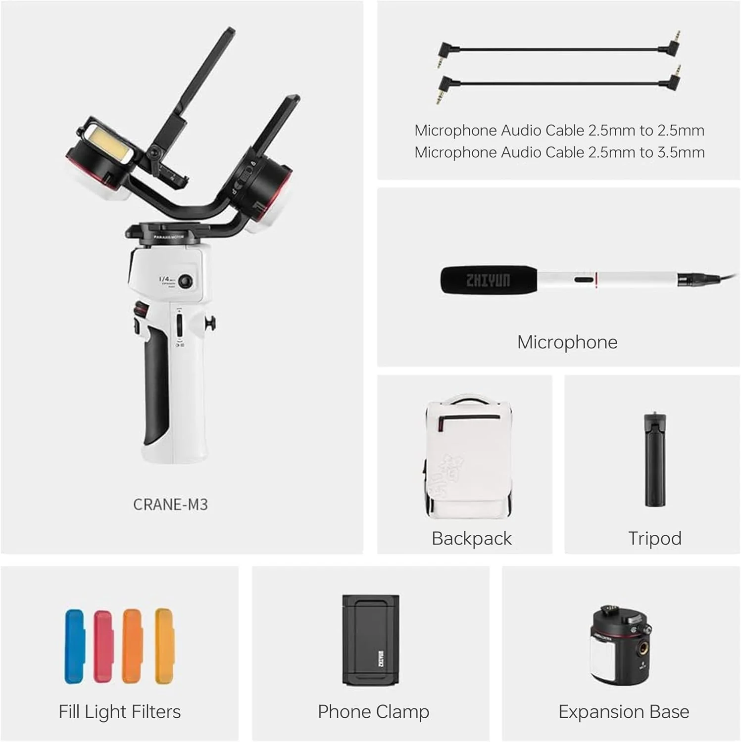 لرزشگیر گیمبال 3 محوره ZHIYUN Crane M3 Pro [اورجینال]، تثبیت کننده دوربین، با نور پرکننده، میکروفون، سه پایه، کیف نگهداری برای دوربین های اکشن، دوربین تک لنزی میکرو