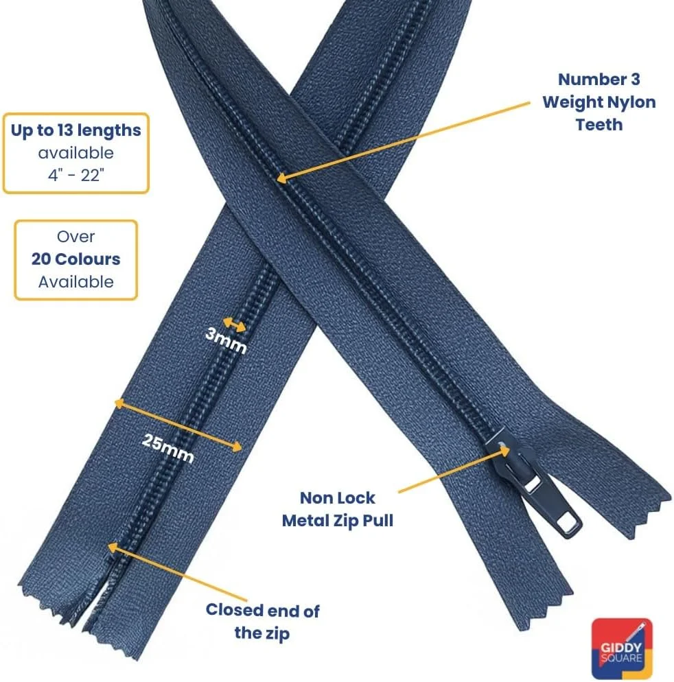 Lilac 16" (40.6cm) Closed‑End Nylon Coil Zipper, Size #3 – Lightweight Sewing & Craft Zip – Giddy Square