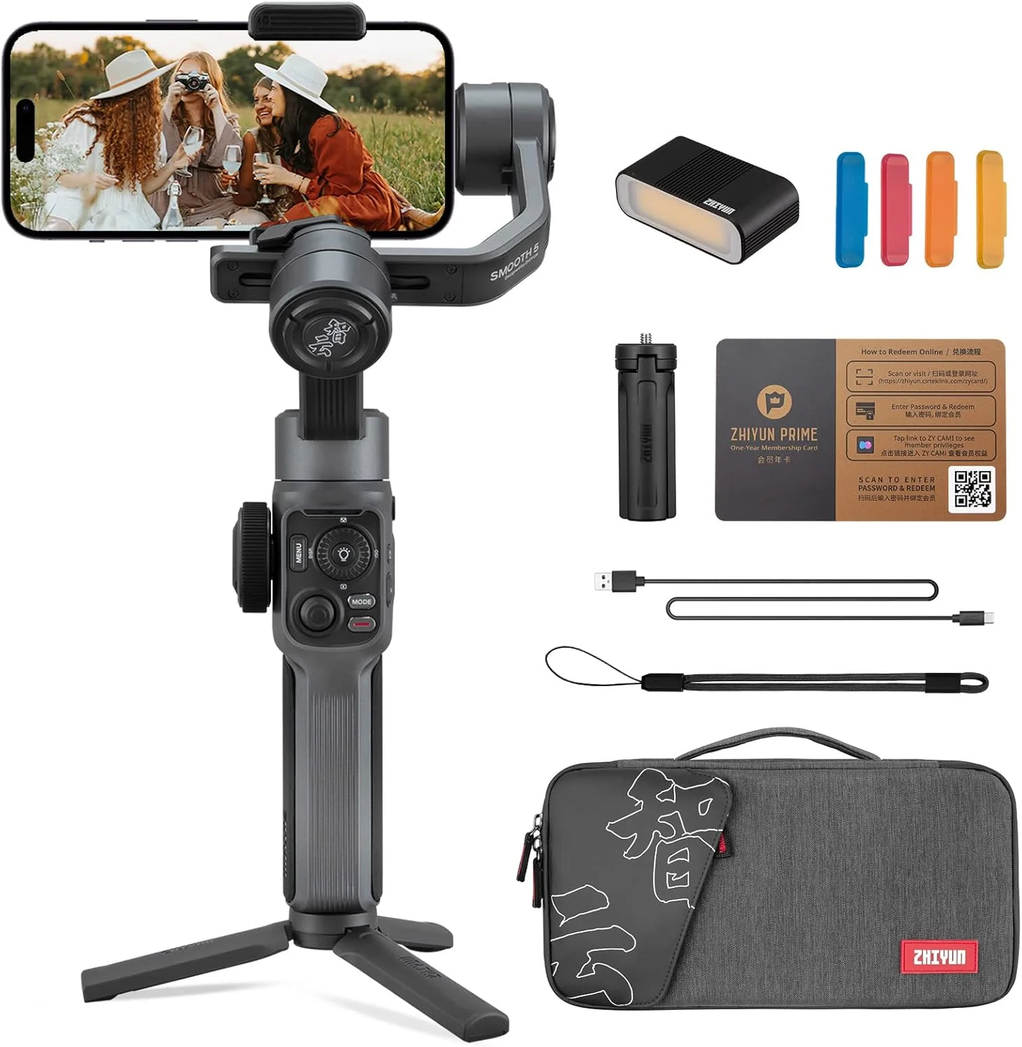 ZHIYUN Smooth 5 Combo - گیمبال لرزشگیر برای آیفون 14/13/12/11 پرو مکس X و تلفن های اندروید، گیمبال 3 محوره با SmartFollow، برای ضبط ویدیو حرفه ای در یوتیوب TikTok Vlog، سازگار با FiLMic Pro