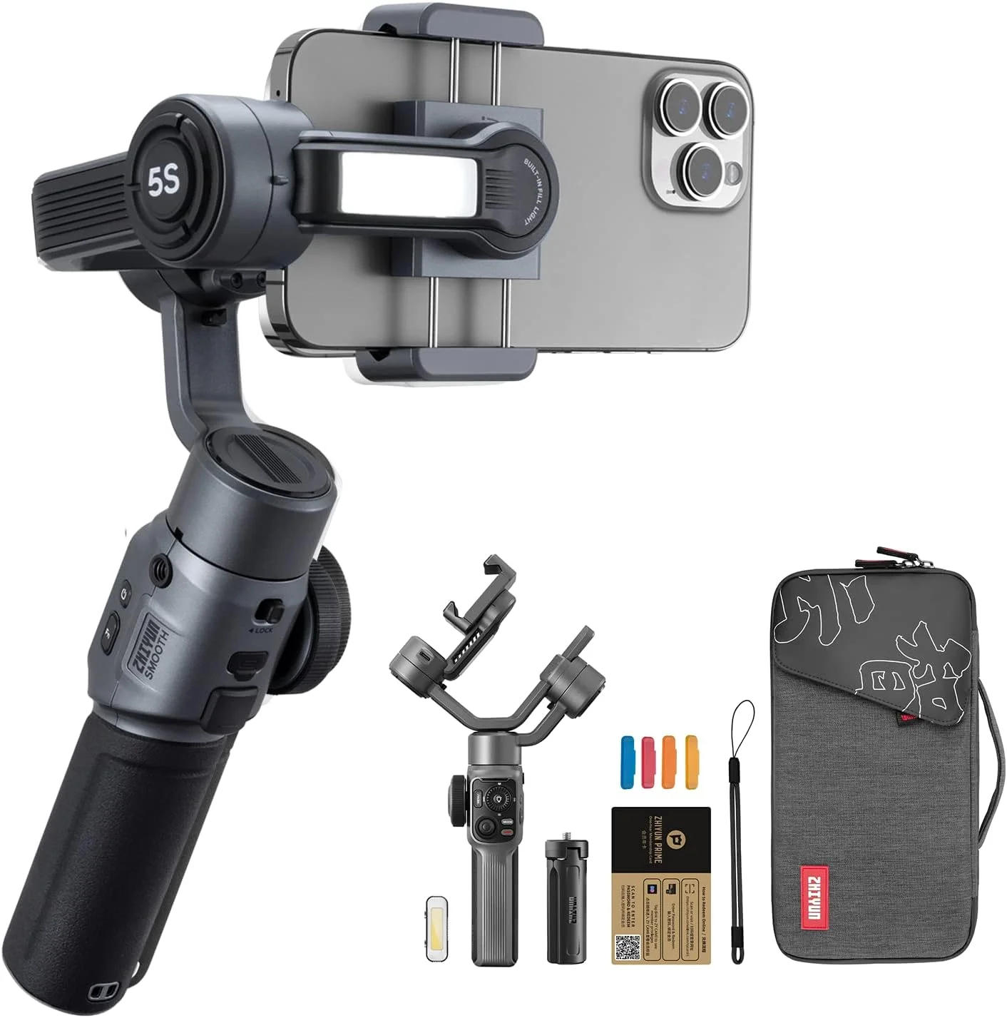 لرزشگیر گیمبال دستی ZHIYUN Smooth 5S Combo با چراغ های مغناطیسی دو طرفه برای گوشی های هوشمند آیفون و اندروید - لرزشگیر قابل حمل برای ولاگ، یوتیوب، تیک تاک، و ویدیو زنده