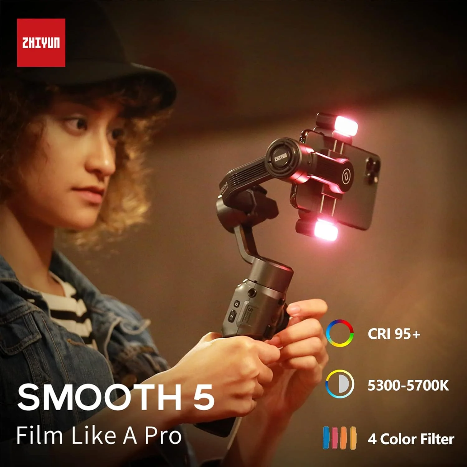 لرزشگیر گیمبال موبایل ژیون اسموث 5 کمبو، تثبیت کننده 3 محوره قابل حمل برای گوشی های هوشمند اندروید و آیفون به همراه سه پایه، نور LED و کیف حمل برای ضبط ویدیو، ولاگ، یوتیوب و تیک تاک