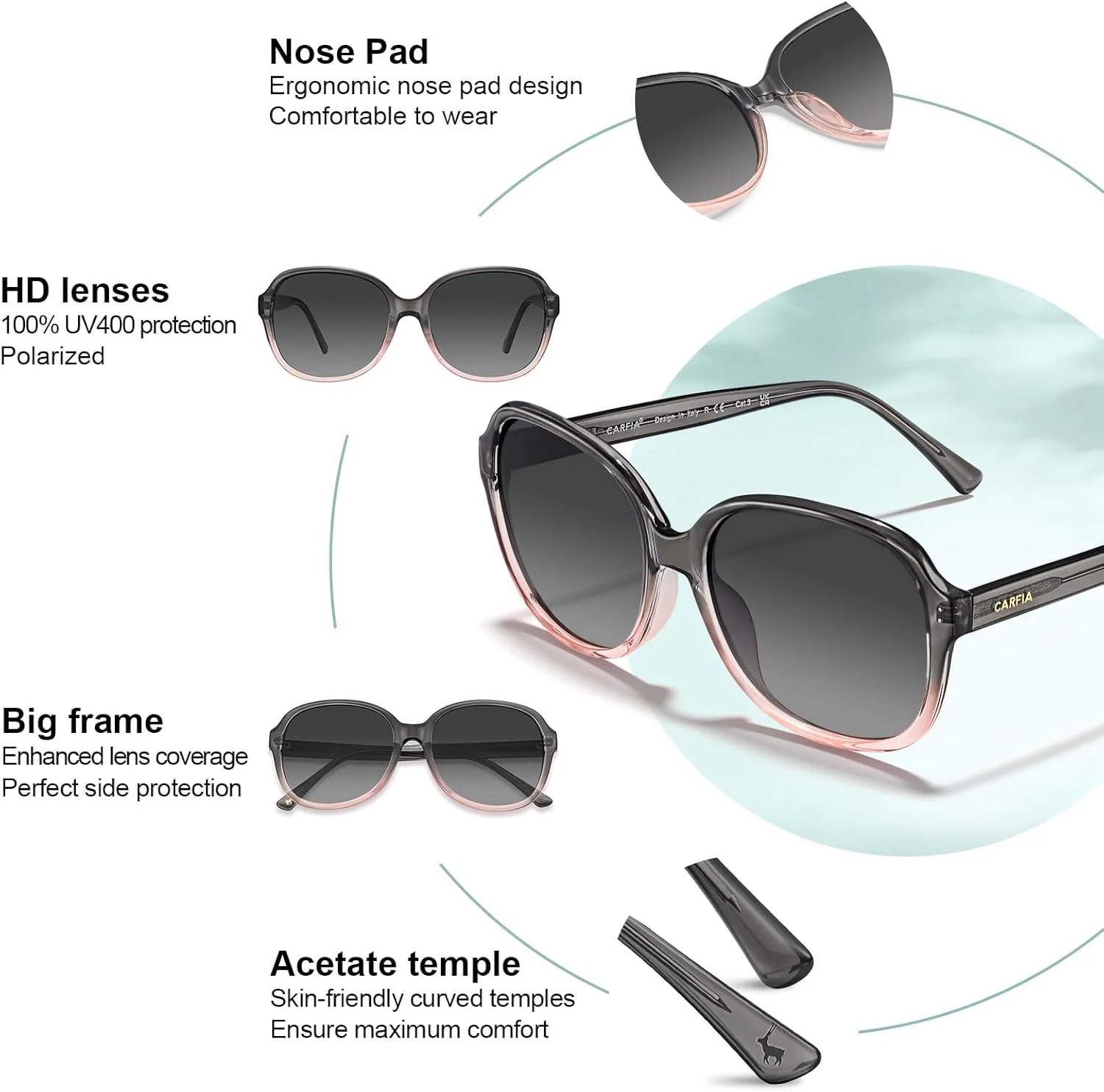 عینک آفتابی پلاریزه استات CARFIA زنانه، محافظت در برابر اشعه ماوراء بنفش، مدل CA2024 عینک آفتابی پلاریزه استات CARFIA زنانه، محافظت در برابر اشعه ماوراء بنفش، مدل CA2024