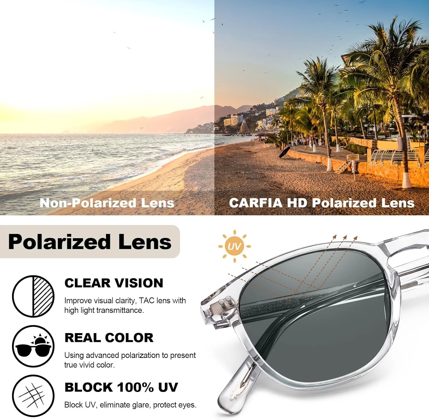 عینک آفتابی پلاریزه استات مردانه CARFIA، محافظت در برابر اشعه ماوراء بنفش، عینک آفتابی مربعی مردانه برای رانندگی و مد در فضای باز