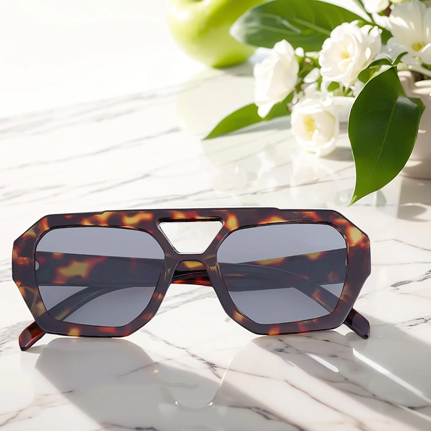 عینک آفتابی خلبانی ترندی AENMTU با طراحی الهام گرفته شده برای زنان و مردان، فریم ضخیم مربعی شش ضلعی با پل دوتایی