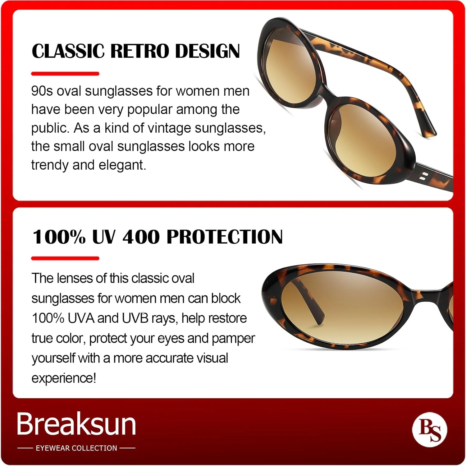 عینک آفتابی بیضی رترو Breaksun زنانه مردانه، عینک آفتابی کوچک بیضی مد روز، سایه های وینتیج دهه 90