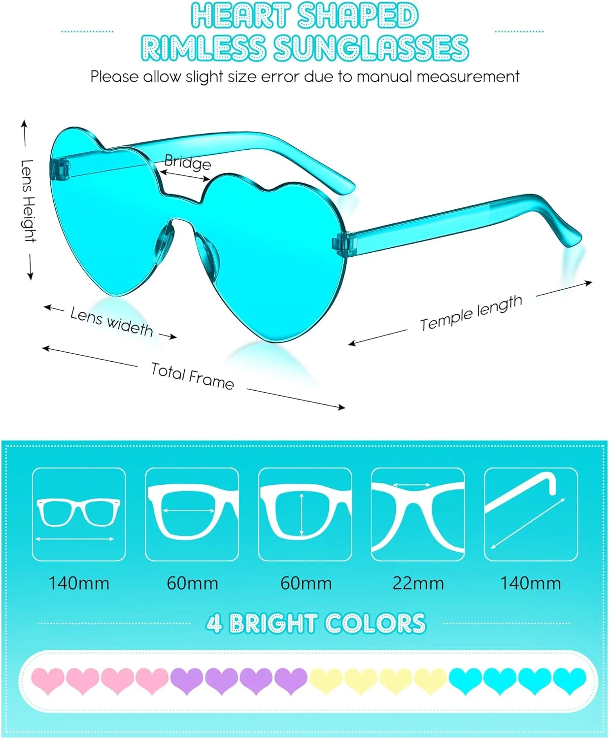 عینک آفتابی بدون فریم قلبی شکل Colzzy، 16 جفت، رنگ آبنباتی، مناسب مهمانی و بانوان