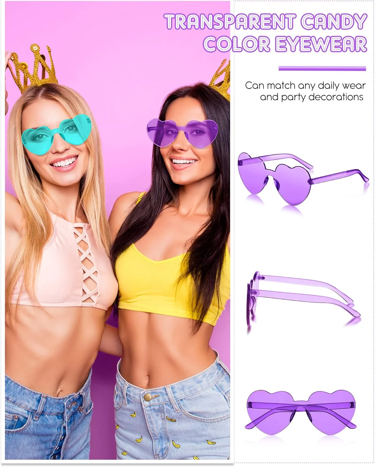 عینک آفتابی بدون فریم قلبی شکل Colzzy، 16 جفت، رنگ آبنباتی، مناسب مهمانی و بانوان