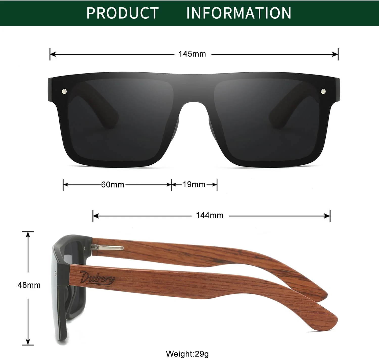 عینک آفتابی بدون فریم چوبی DUBERY، پلاریزه، تخت، با دسته های چوبی مدل D219