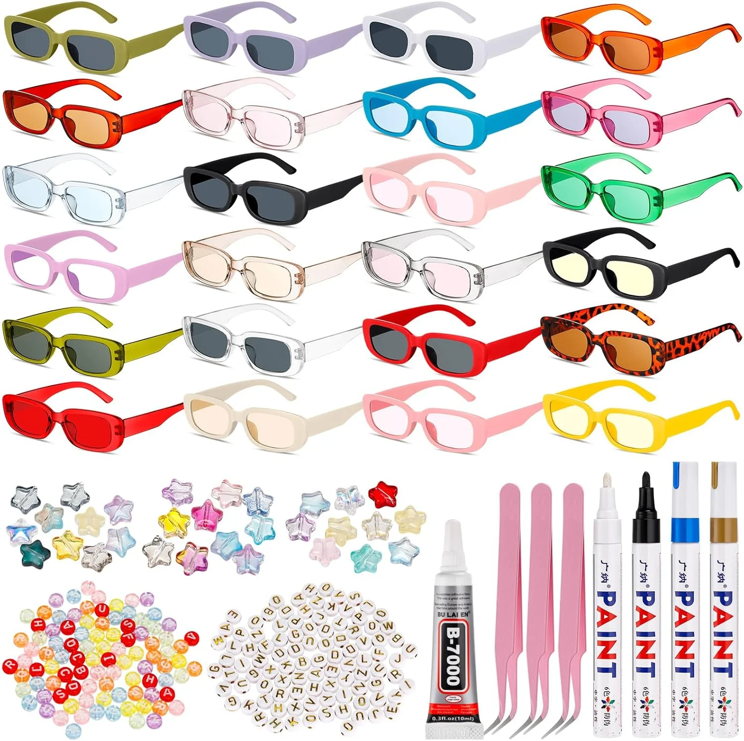 مجموعه 24 عددی عینک آفتابی مستطیلی DIY اکالی برای کودکان و زنان، بسته عینک آفتابی مد روز و قدیمی با مهره های حروف، مروارید اکریلیک، چسب و موچین برای تزئین عینک صنایع دستی Y2k دهه 90، هدیه مهمانی دخترانه مجموعه 24 عددی عینک آفتابی مستطیلی DIY اکالی برای کودکان و زنان، بسته عینک آفتابی مد روز و قدیمی با مهره های حروف، مروارید اکریلیک، چسب و موچین برای تزئین عینک صنایع دستی Y2k دهه 90، هدیه مهمانی دخترانه
