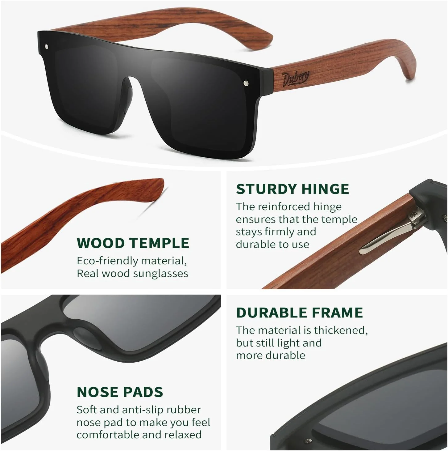 عینک آفتابی بدون فریم چوبی DUBERY، پلاریزه، تخت، با دسته های چوبی مدل D219