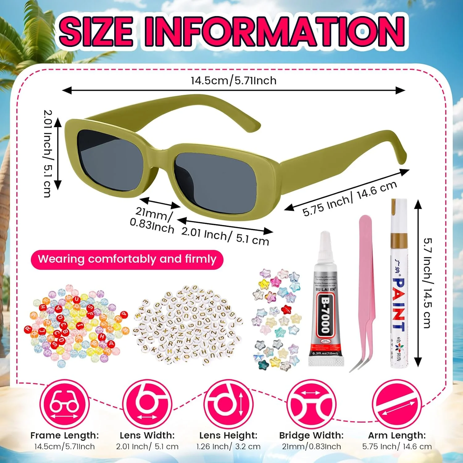 مجموعه 24 عددی عینک آفتابی مستطیلی DIY اکالی برای کودکان و زنان، بسته عینک آفتابی مد روز و قدیمی با مهره های حروف، مروارید اکریلیک، چسب و موچین برای تزئین عینک صنایع دستی Y2k دهه 90، هدیه مهمانی دخترانه