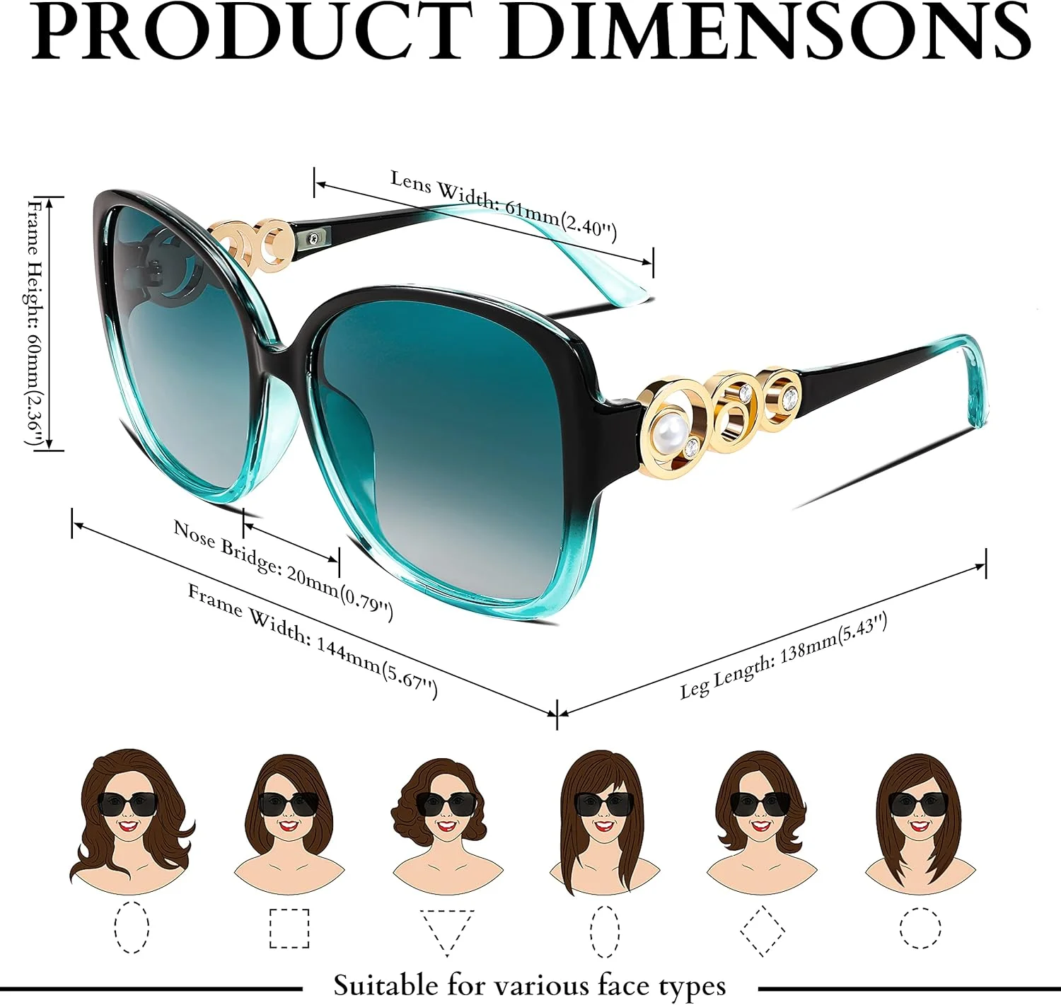 عینک آفتابی پلاریزه FEISEDY، فریم مربعی بزرگ و ترند زنانه با مروارید درخشان مدل B2821