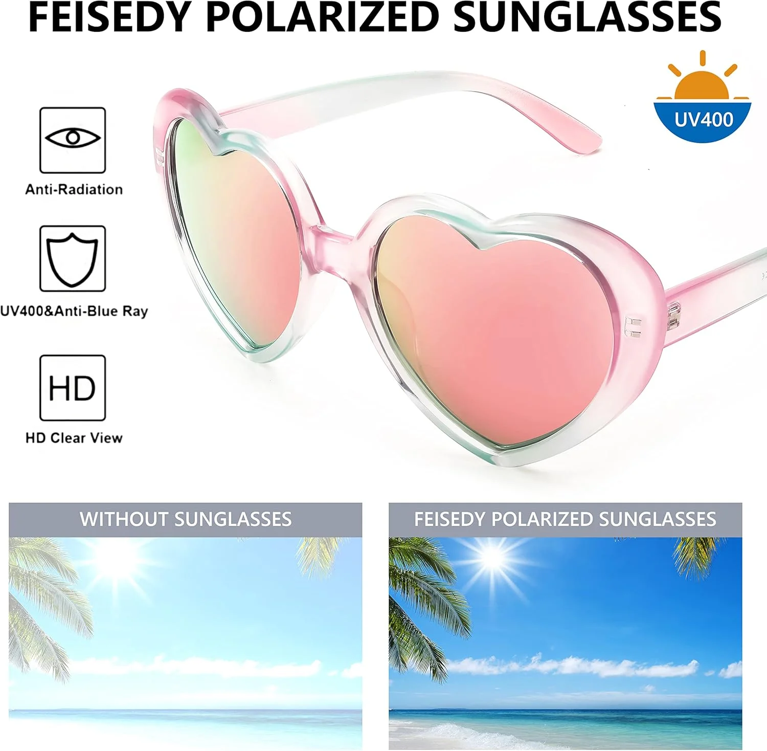 عینک آفتابی قلبی پلاریزه FEISEDY، عینک های بزرگ مد روز و قدیمی عشق برای زنان UV400 B2337 عینک آفتابی قلبی پلاریزه FEISEDY، عینک های بزرگ مد روز و قدیمی عشق برای زنان UV400 B2337