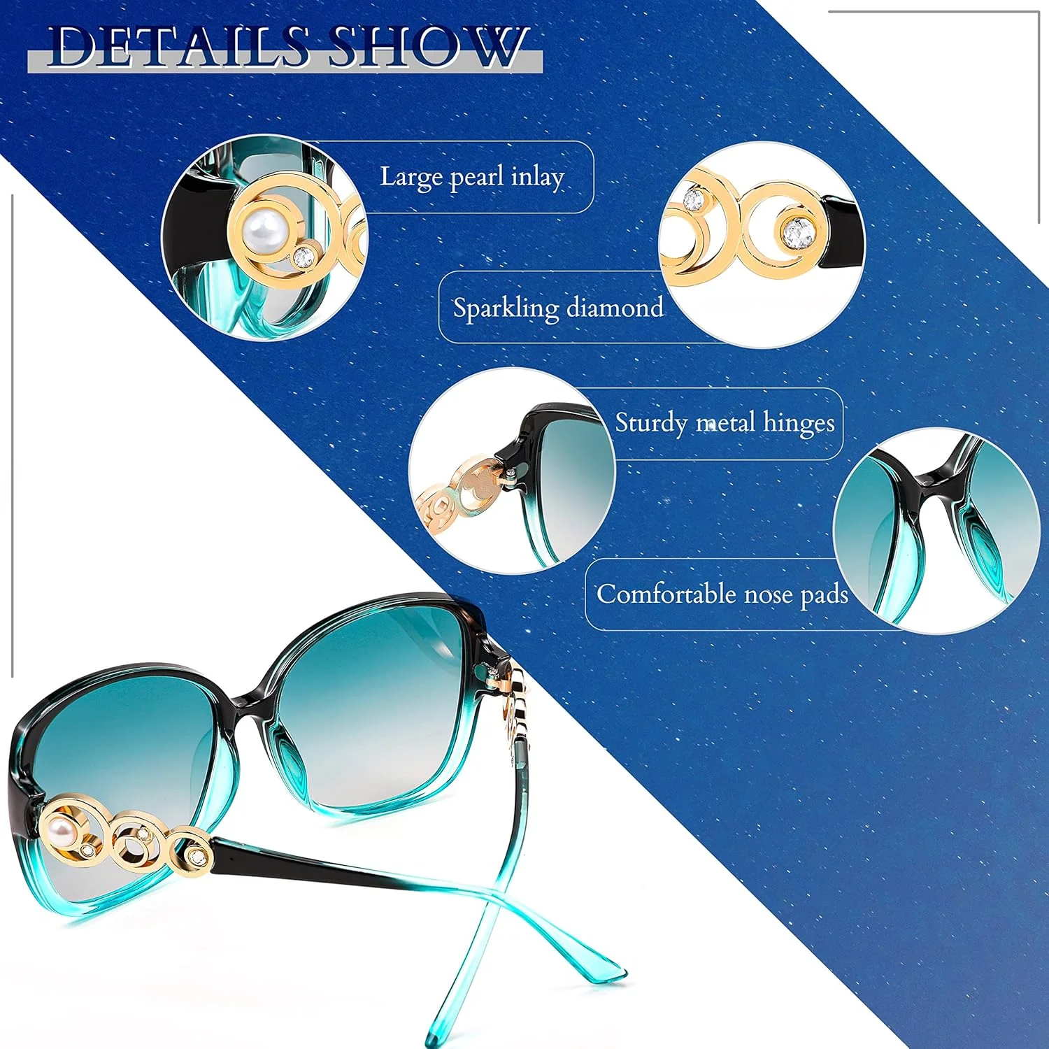 عینک آفتابی پلاریزه FEISEDY، فریم مربعی بزرگ و ترند زنانه با مروارید درخشان مدل B2821