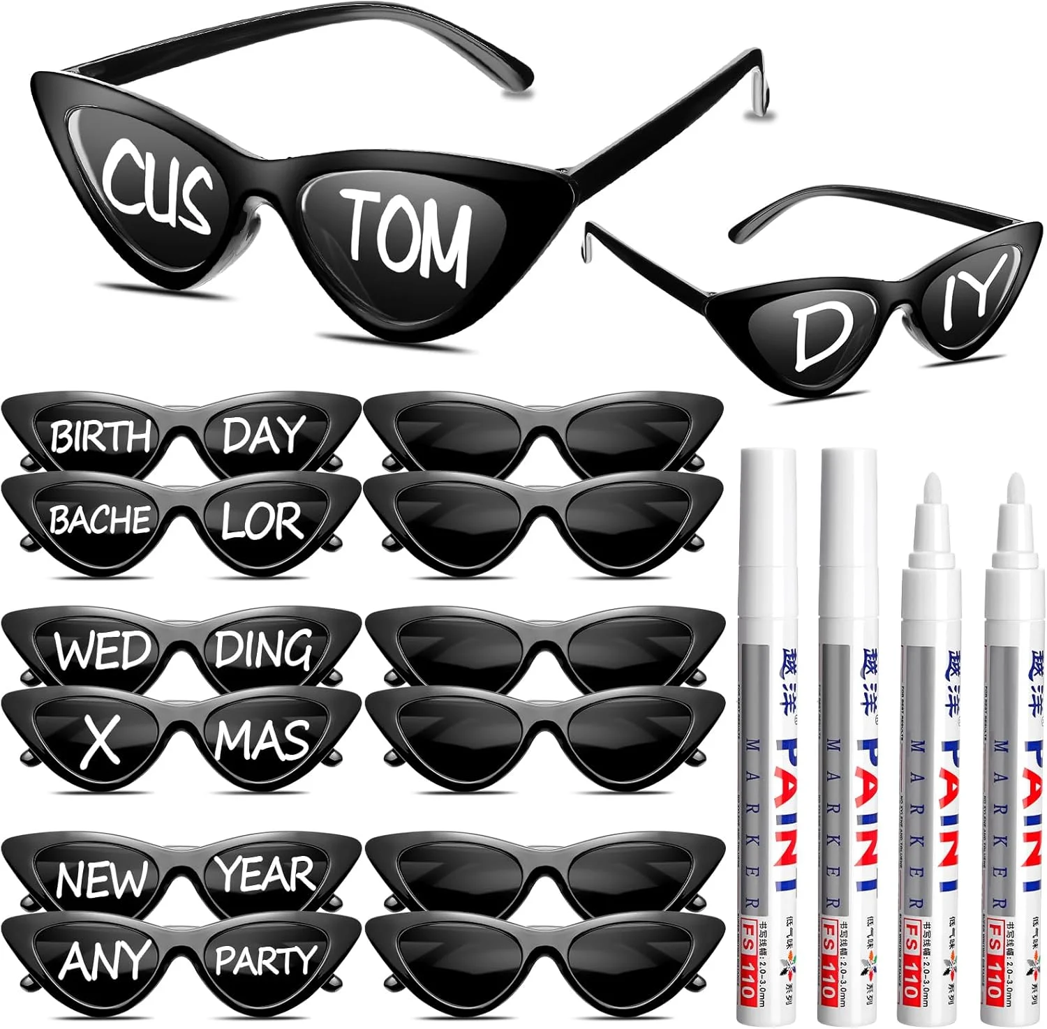 فلوتسان 12 عدد عینک آفتابی شخصی سازی شده عروسی، عینک آفتابی عمده فروشی طرح چشم گربه ای سفارشی با 4 قلم رنگ برای گیفت های مهمانی سفارشی