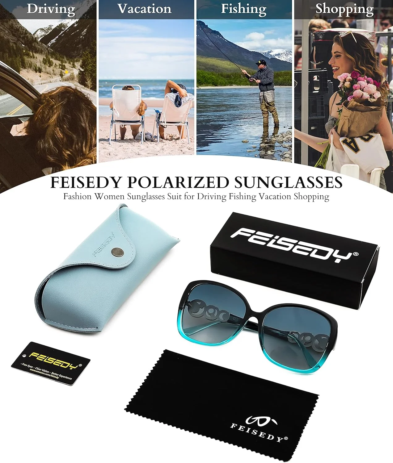 عینک آفتابی پلاریزه FEISEDY، فریم مربعی بزرگ و ترند زنانه با مروارید درخشان مدل B2821