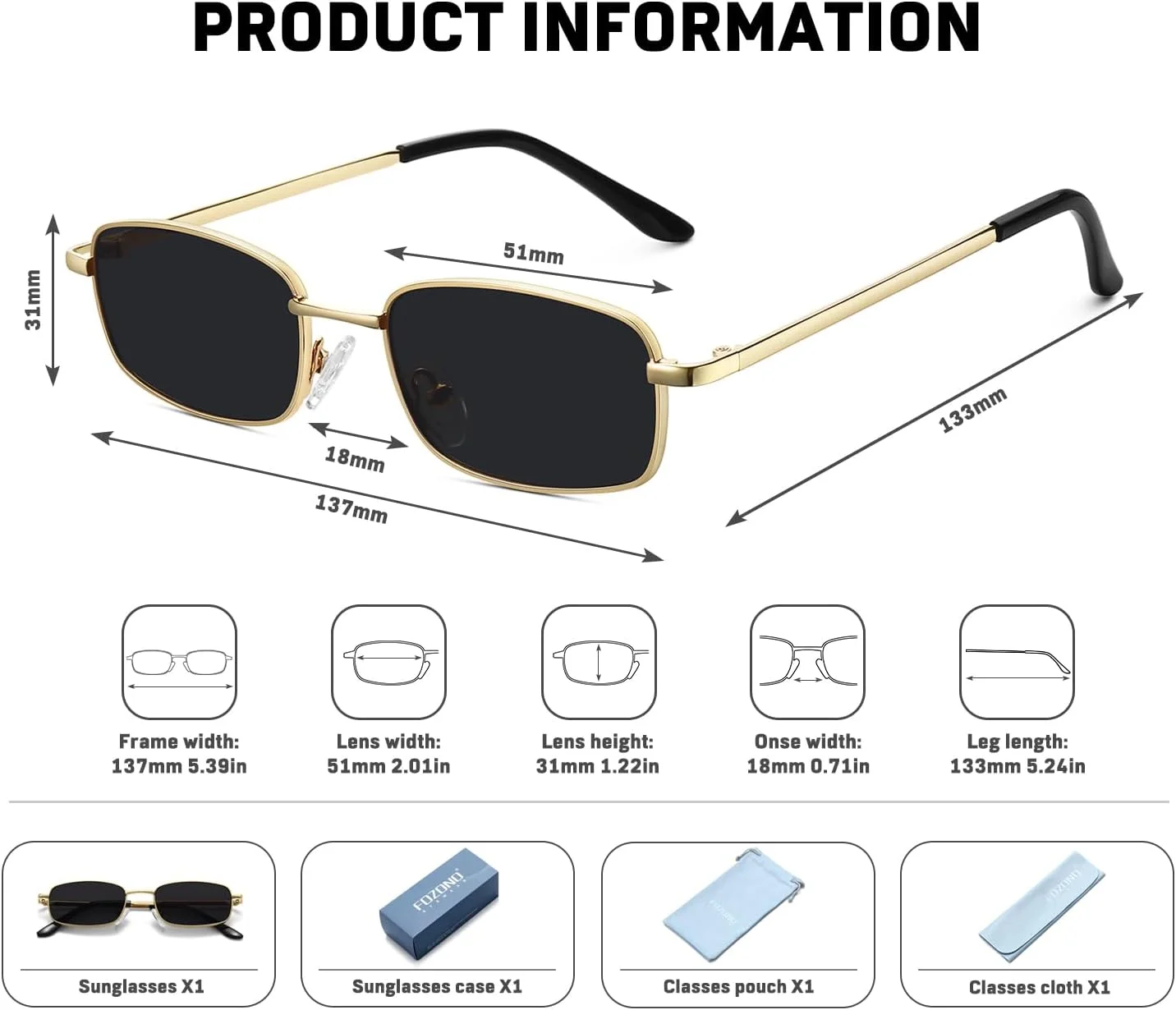 عینک آفتابی مستطیلی Fozono زنانه، فریم باریک و مربعی کوچک رترو دهه 90 با محافظت UV400