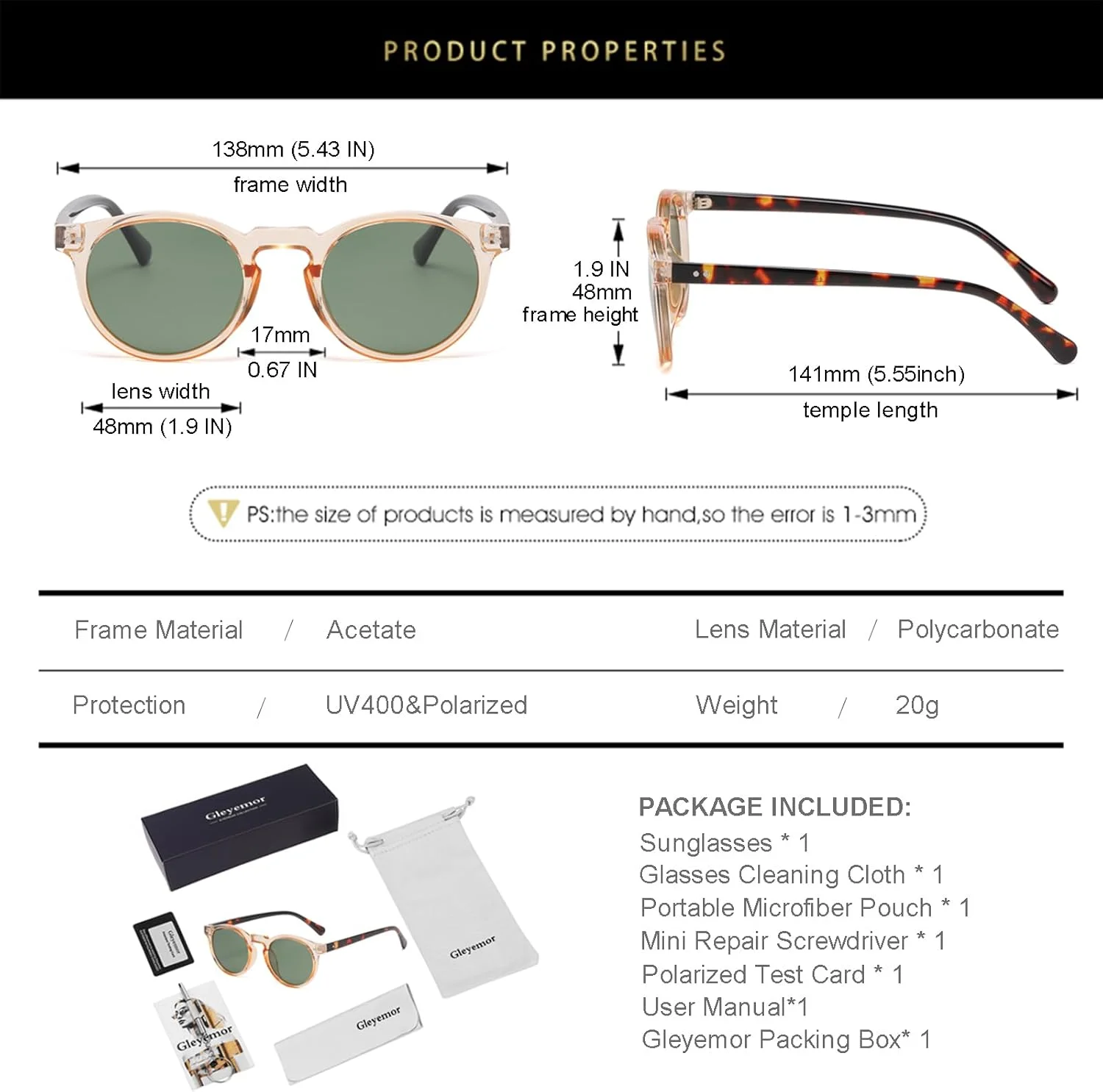 عینک آفتابی گرد پلاریزه فشن Gleyemor برای مردان و زنان، عینک آفتابی با فریم استات رترو و وینتیج