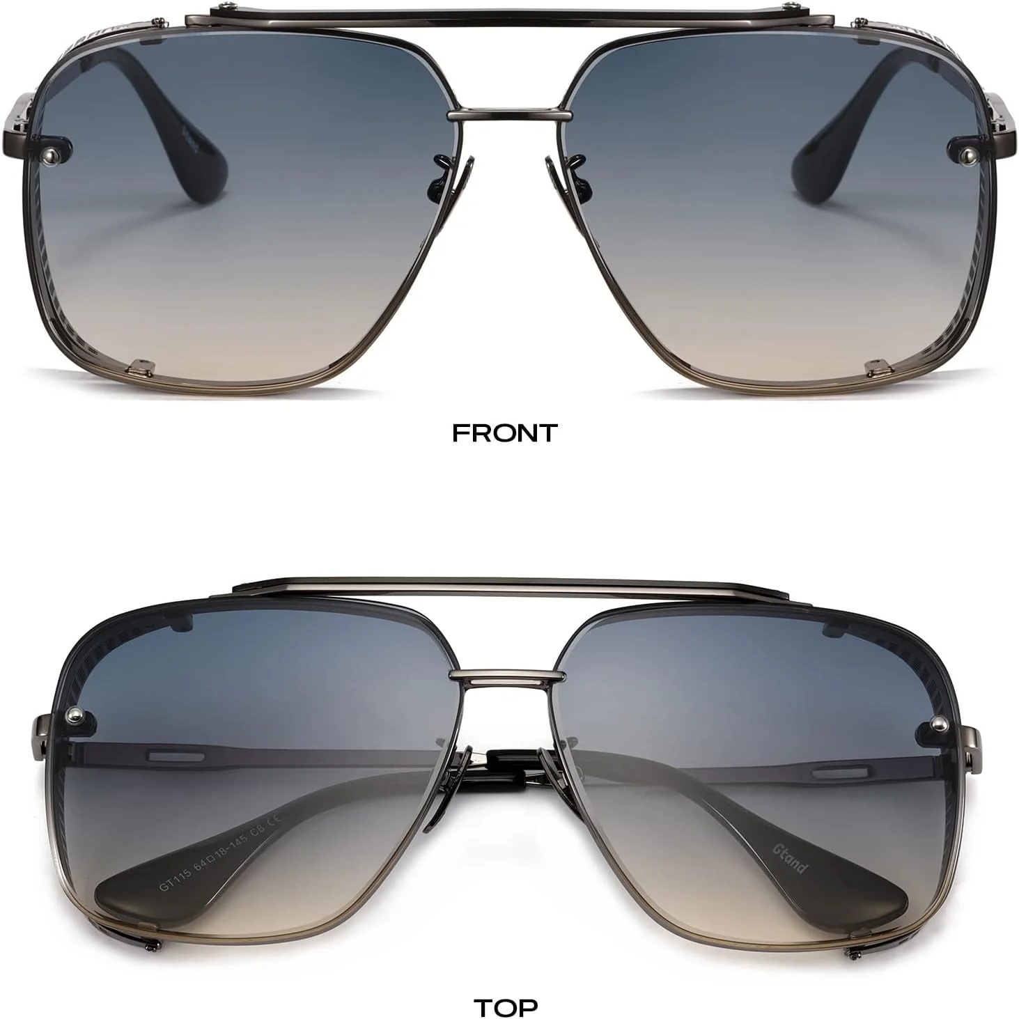 عینک آفتابی بزرگ مربعی خلبانی گرادیان فشن Gtand مردانه، محافظ جانبی فلزی وینتیج، عینک آفتابی استیم پانک 64 میلی‌متری