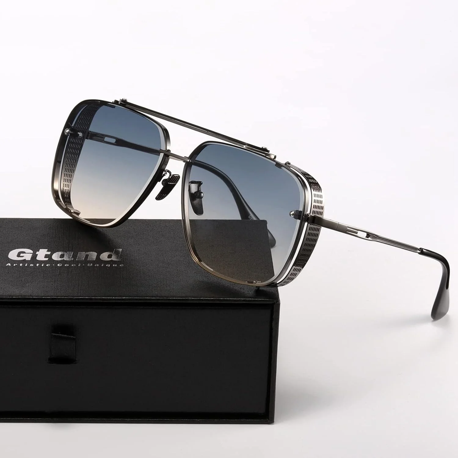 عینک آفتابی بزرگ مربعی خلبانی گرادیان فشن Gtand مردانه، محافظ جانبی فلزی وینتیج، عینک آفتابی استیم پانک 64 میلی‌متری